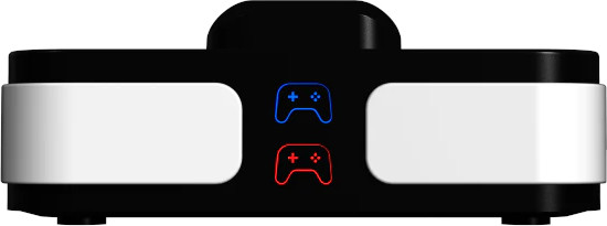 A black gaming device with white sides and controller symbols in red and blue.