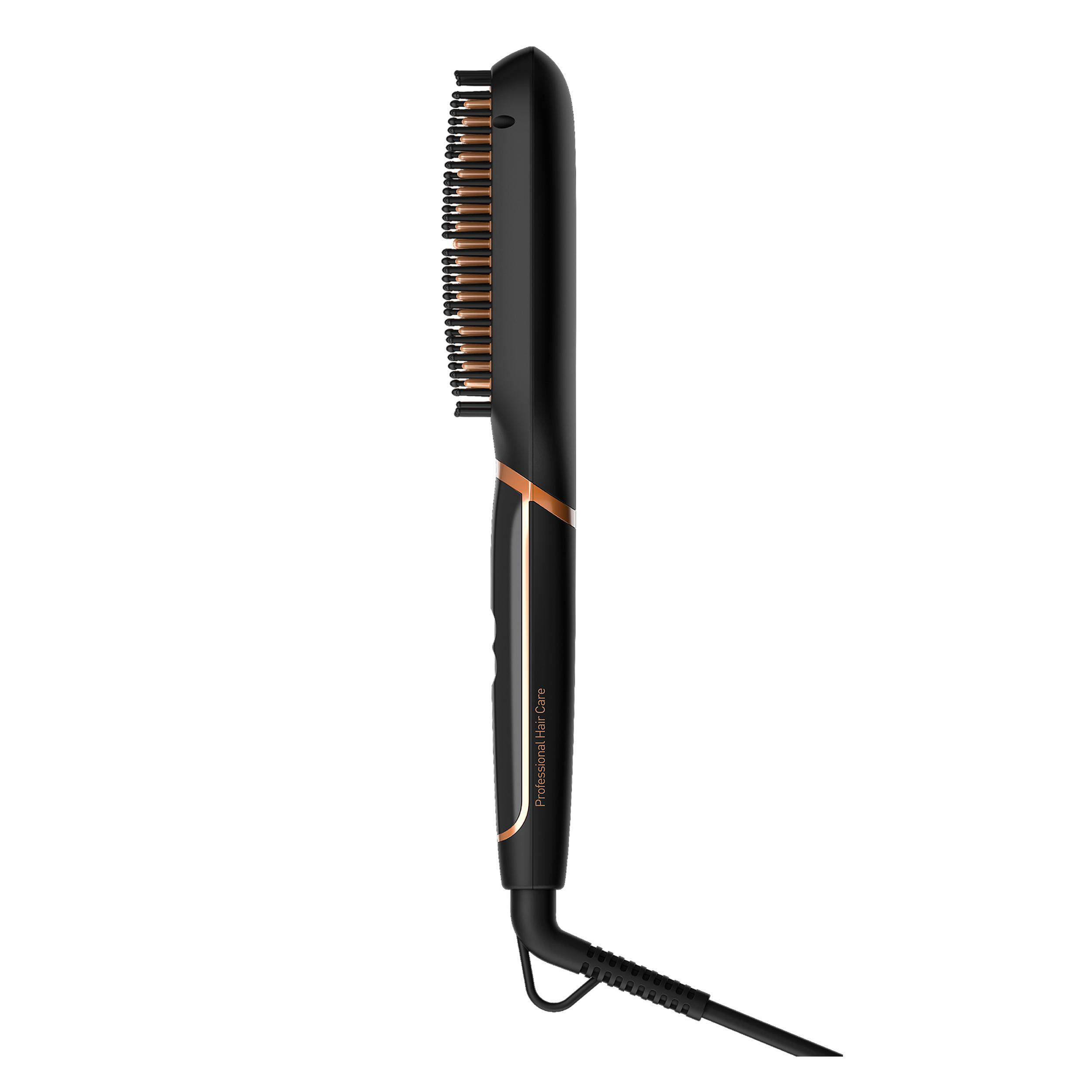 Schwarze Haarglättungsbürste mit goldenen Akzenten. Professionelle Haarpflege.