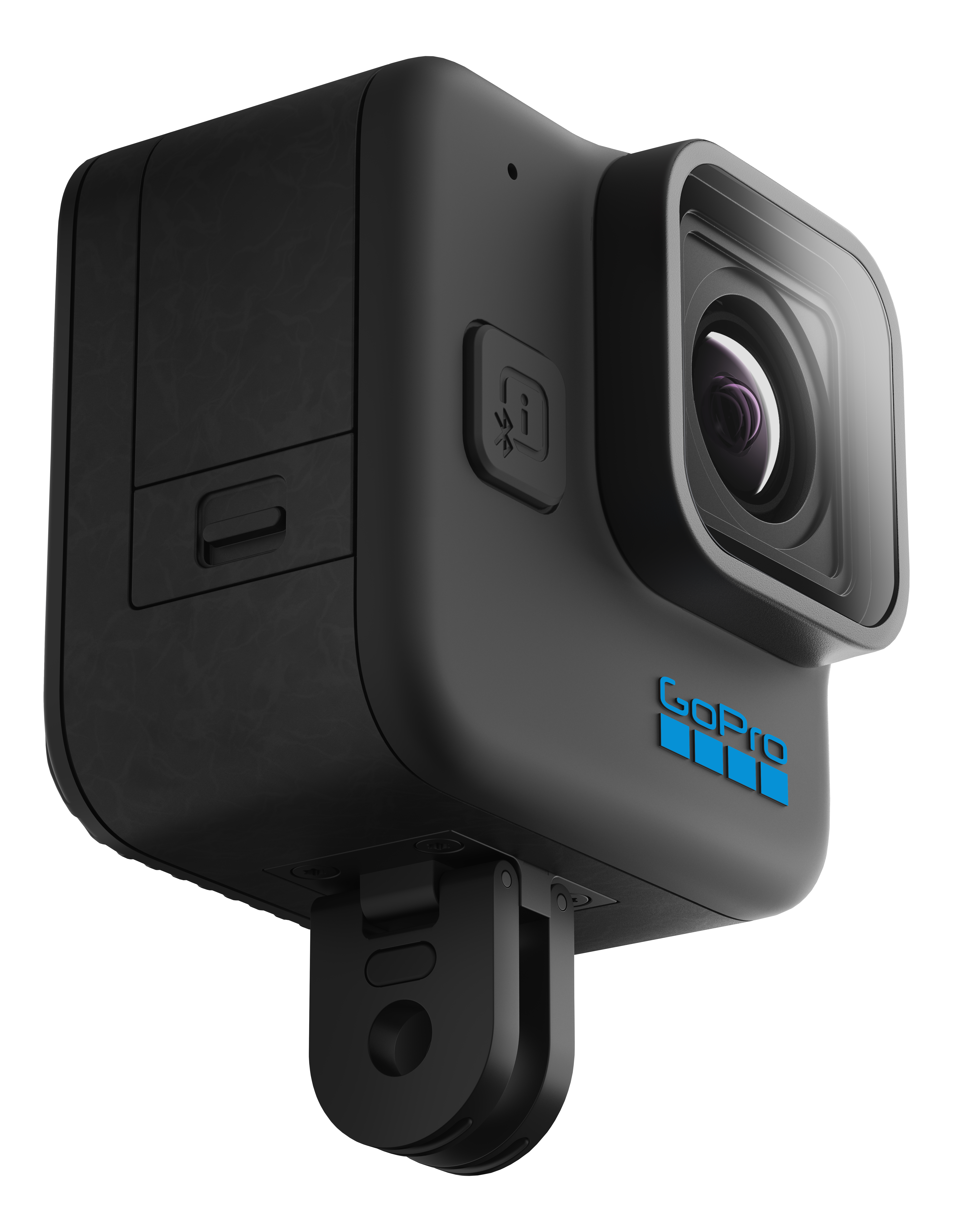Schwarze GoPro-Action-Kamera mit Knöpfen und Halterung, mit GoPro-Logo.