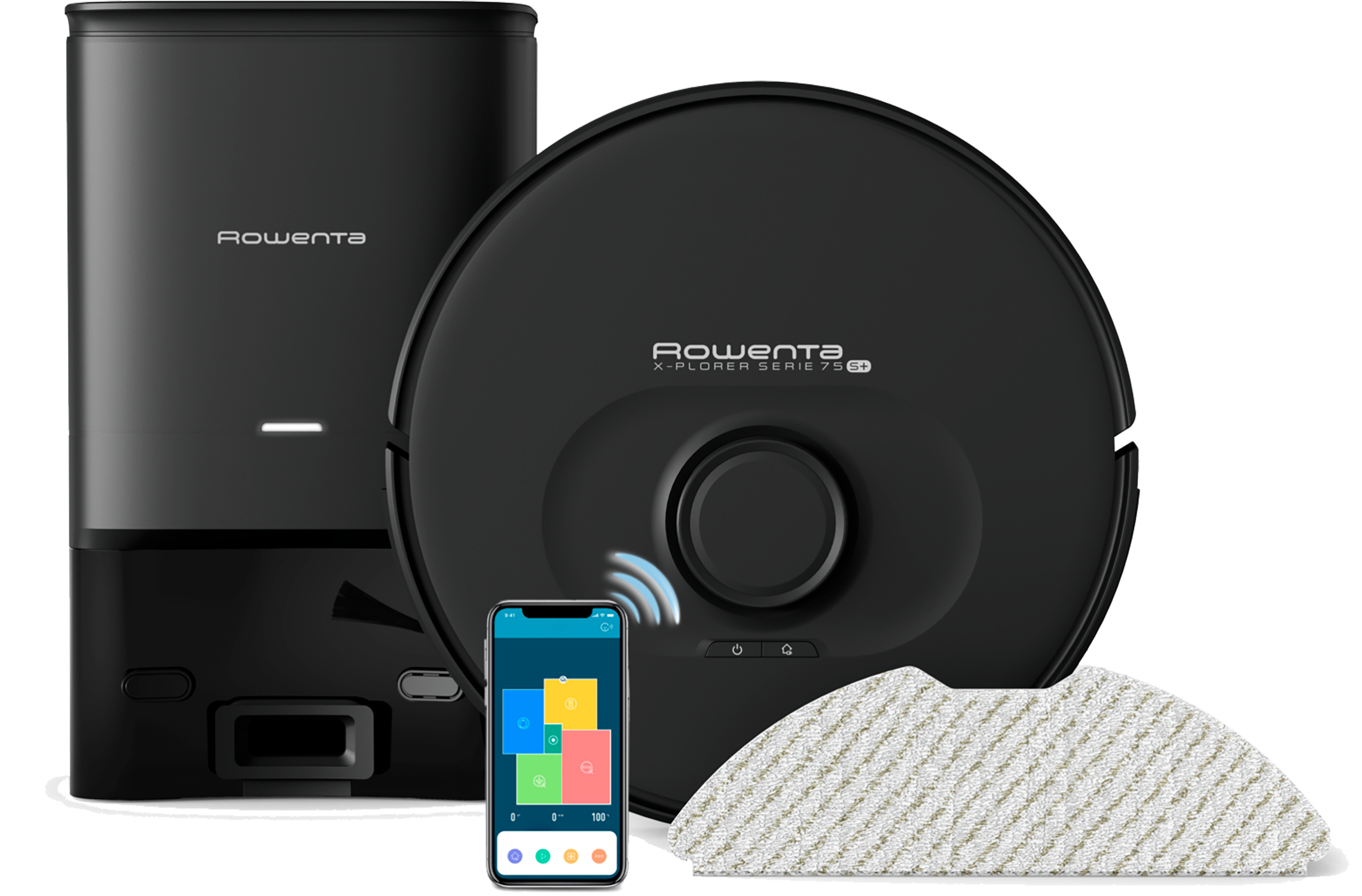 Een zwarte Rowenta robotstofzuiger met oplaadstation en telefoon.