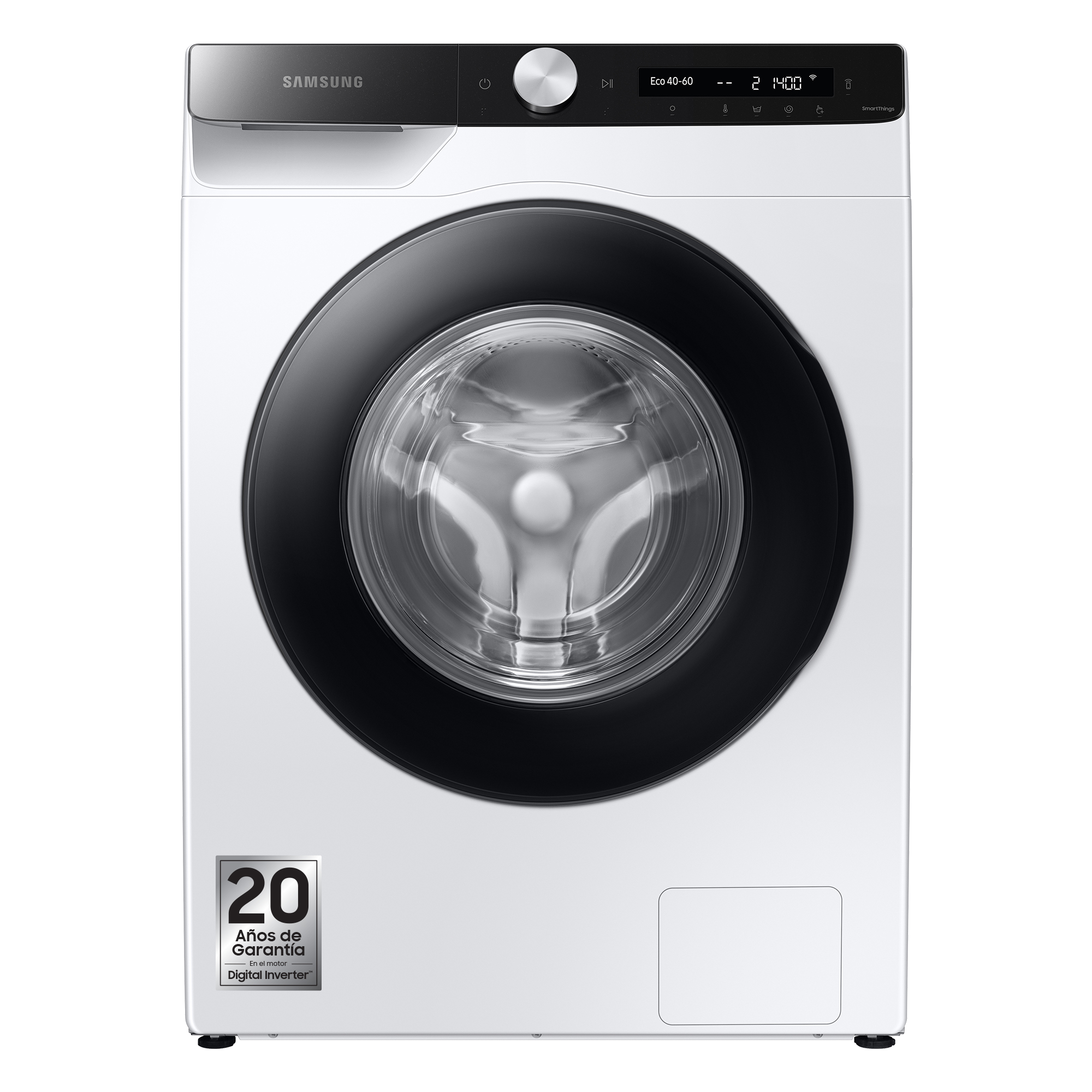 Lavadora blanca. Marca Samsung. Puerta negra. Pantalla digital. Fondo blanco.