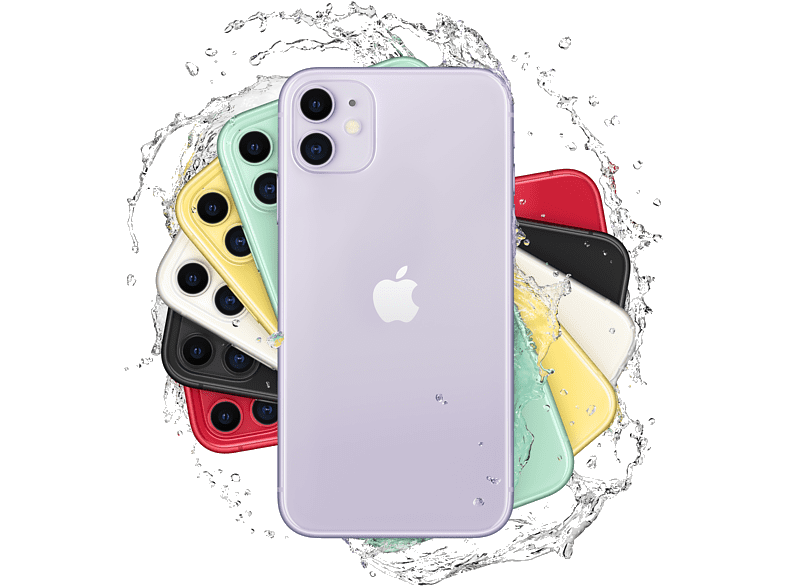 Su sıçramasındaki çeşitli renkli iPhone 11 modelleri. Apple logosu görünür.