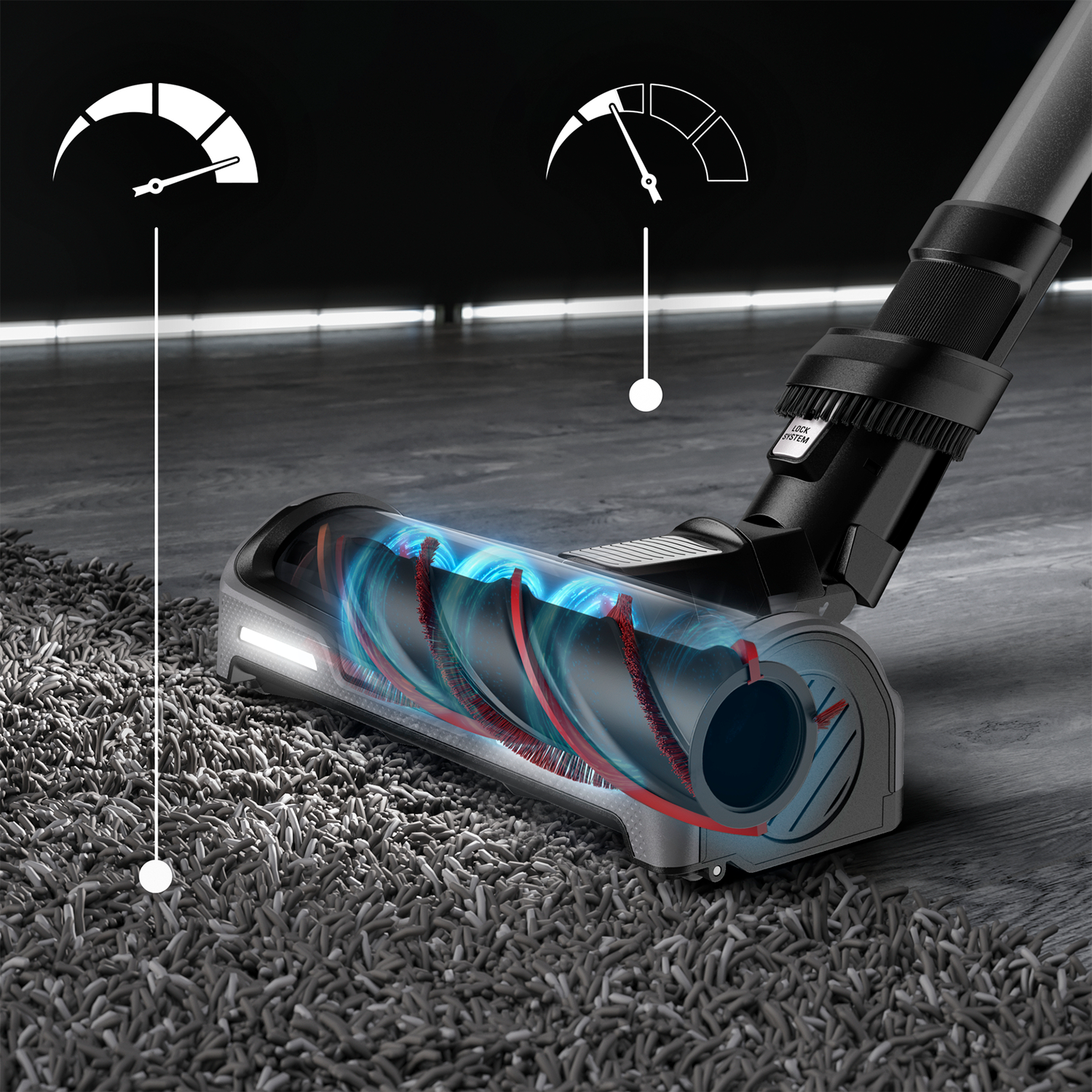 Vacuum cleaner head working on carpet. Shows the inner mechanics. Two speed indicators.