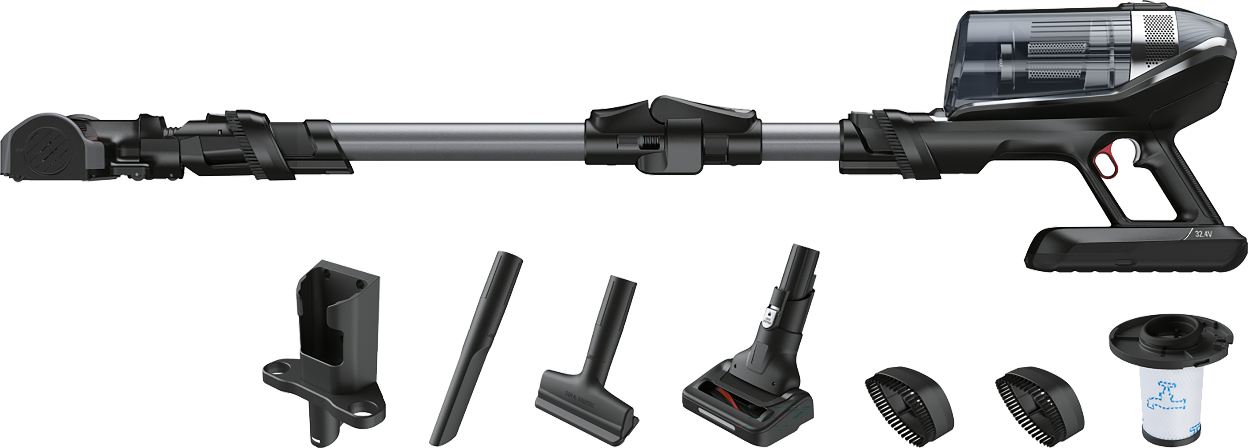 A black and grey vacuum cleaner with attachments, arranged on a white background. Various cleaning tools.