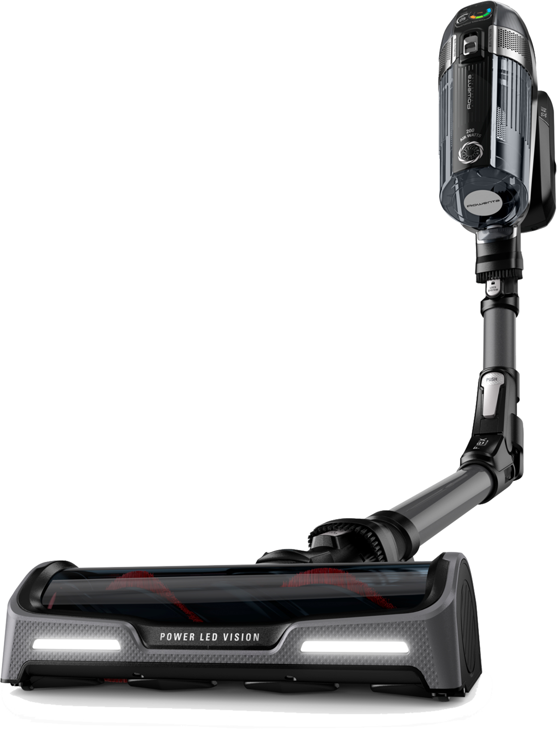 Black and grey stick vacuum cleaner. Power LED vision label at the bottom.