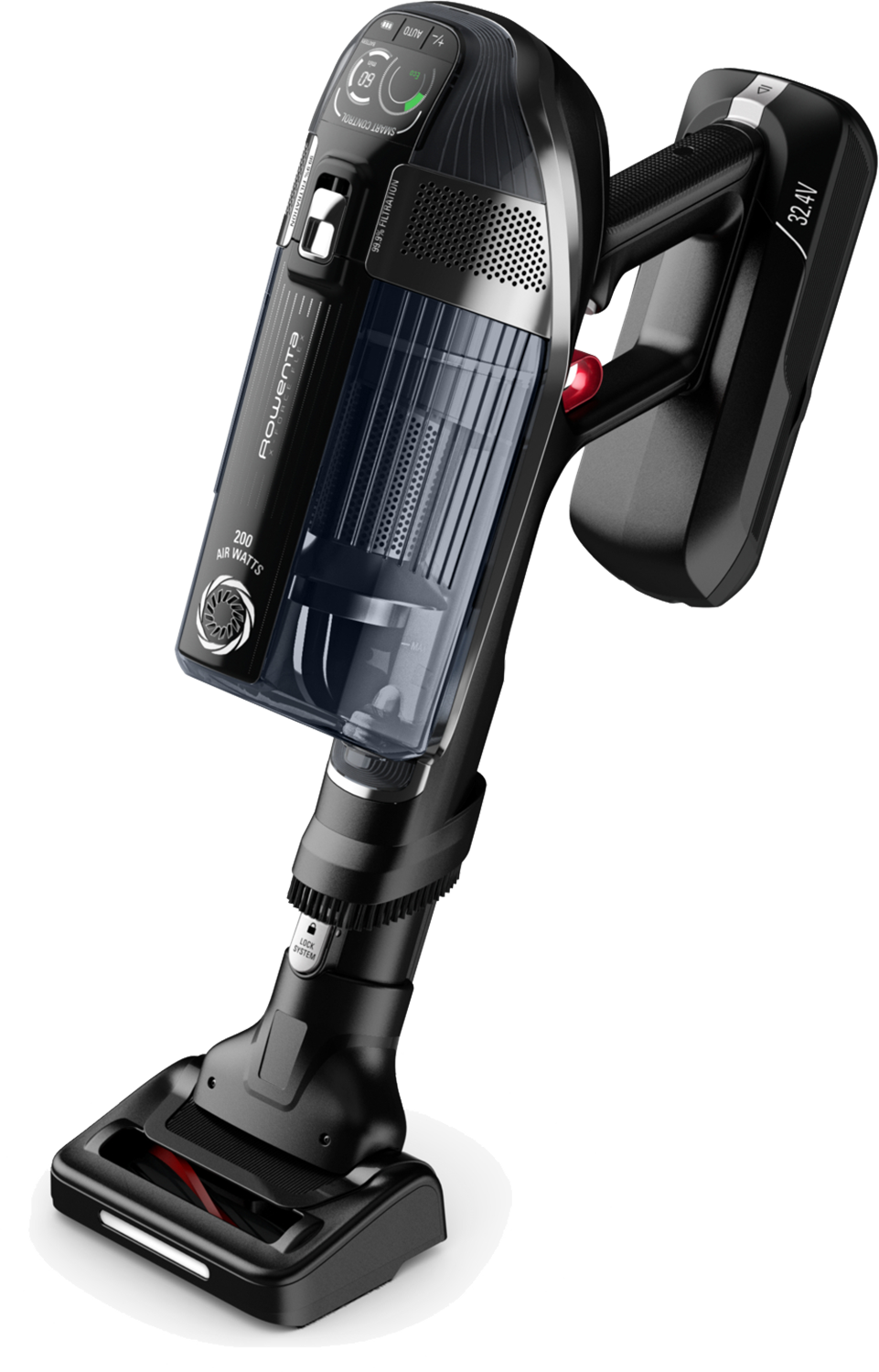 Rowenta cordless vacuum cleaner. Black and grey with a red button, angled view.