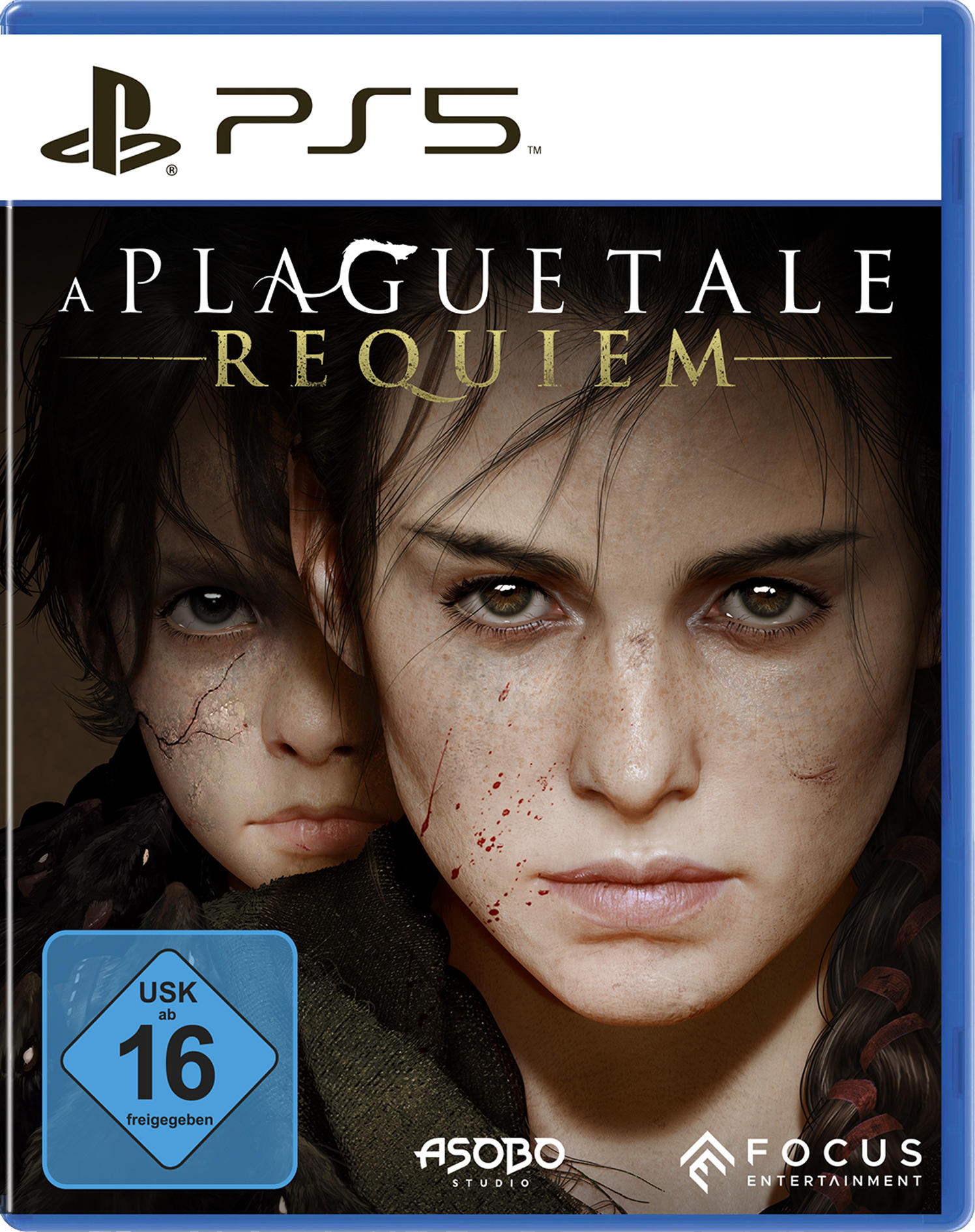Spiele-Cover mit zwei Personen. Dunkle Haare, nach vorne schauend. Blau, mit Text.