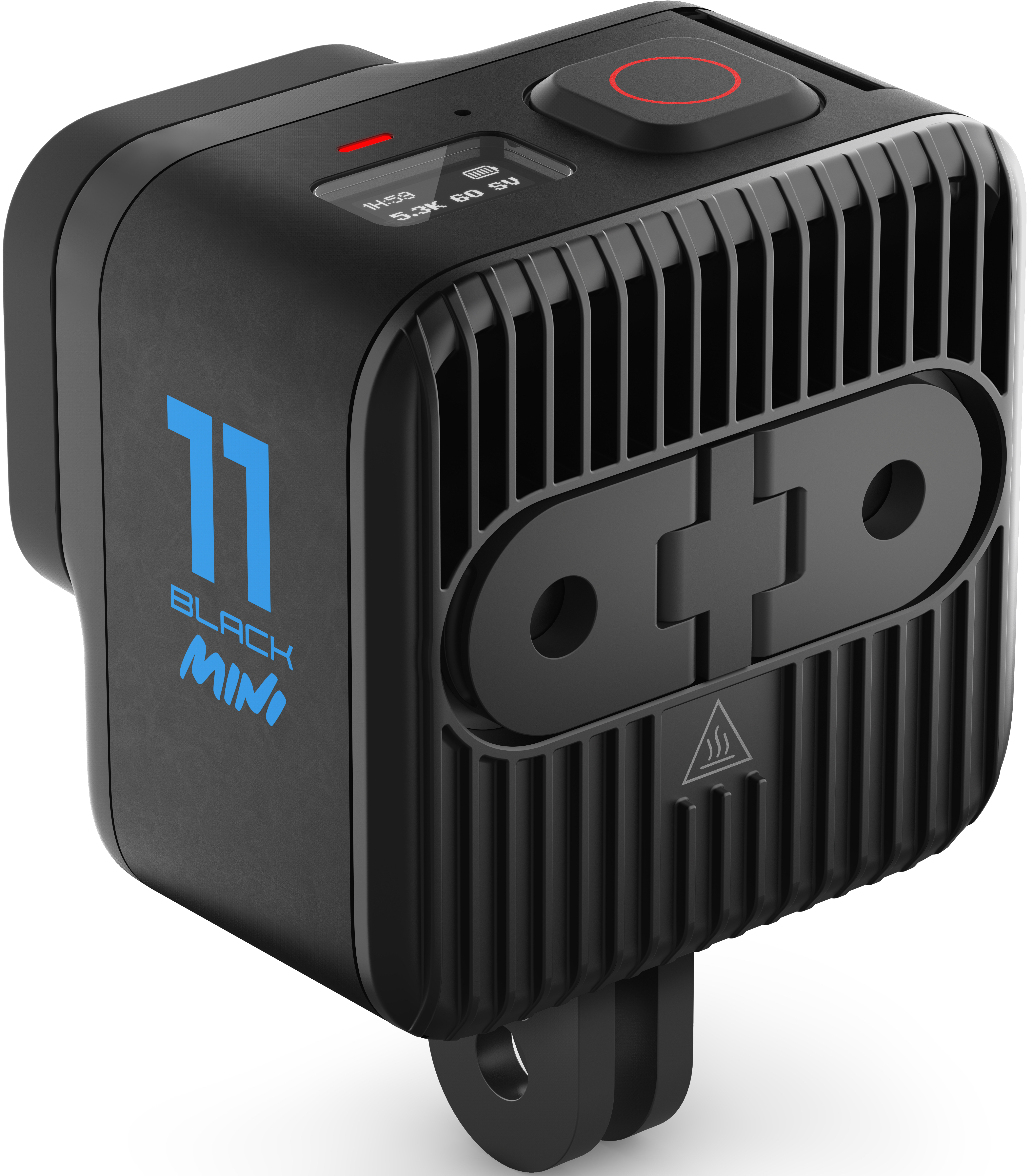 Eine schwarze GoPro 11 Mini Kamera mit roter Aufnahmetaste und GoPro-Logo.