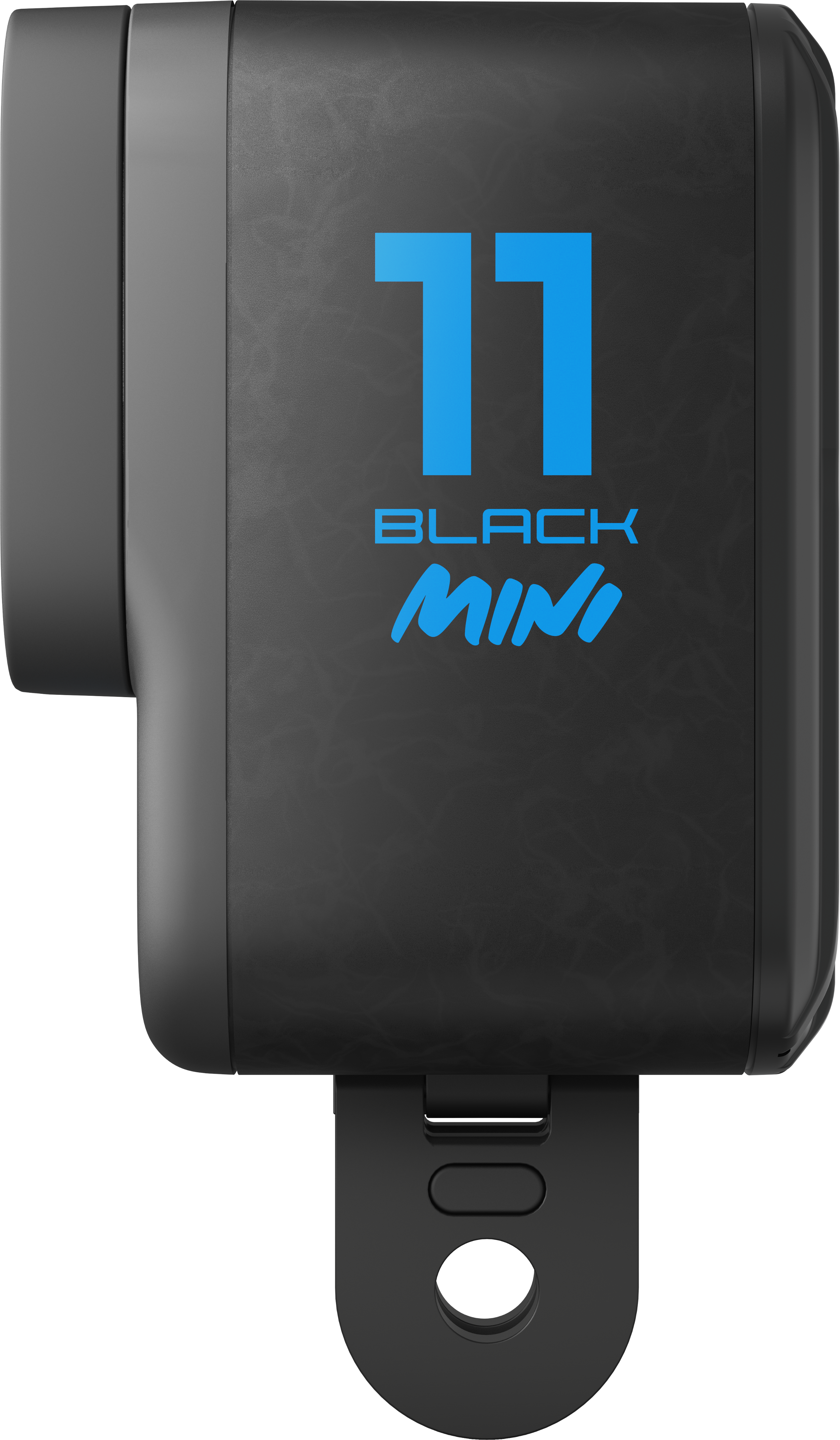 Schwarze GoPro 11 Mini Action-Kamera mit blauem Text, Seitenansicht.