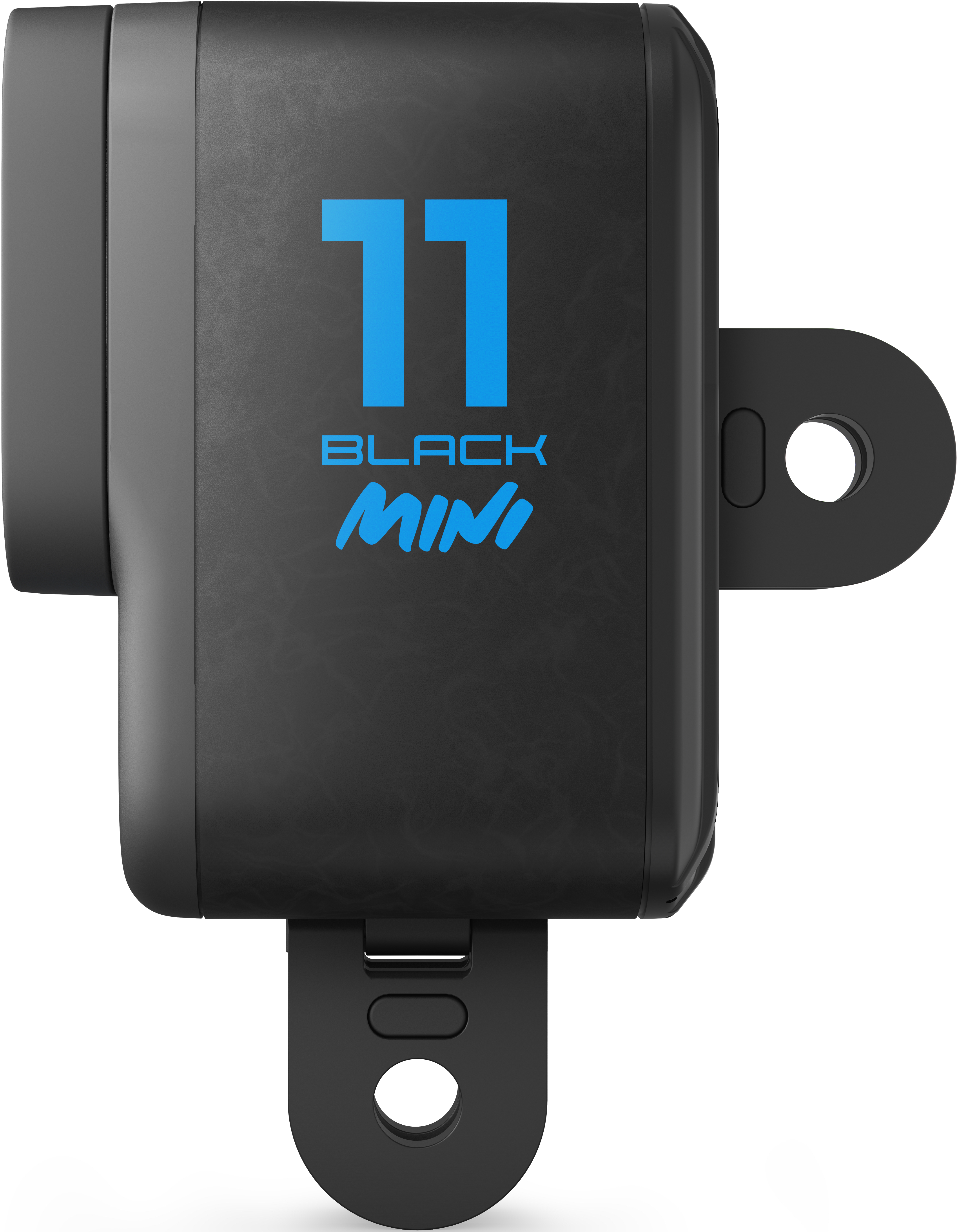 Schwarze GoPro Mini Kamera mit dem Text "11 BLACK MINI" in Blau.