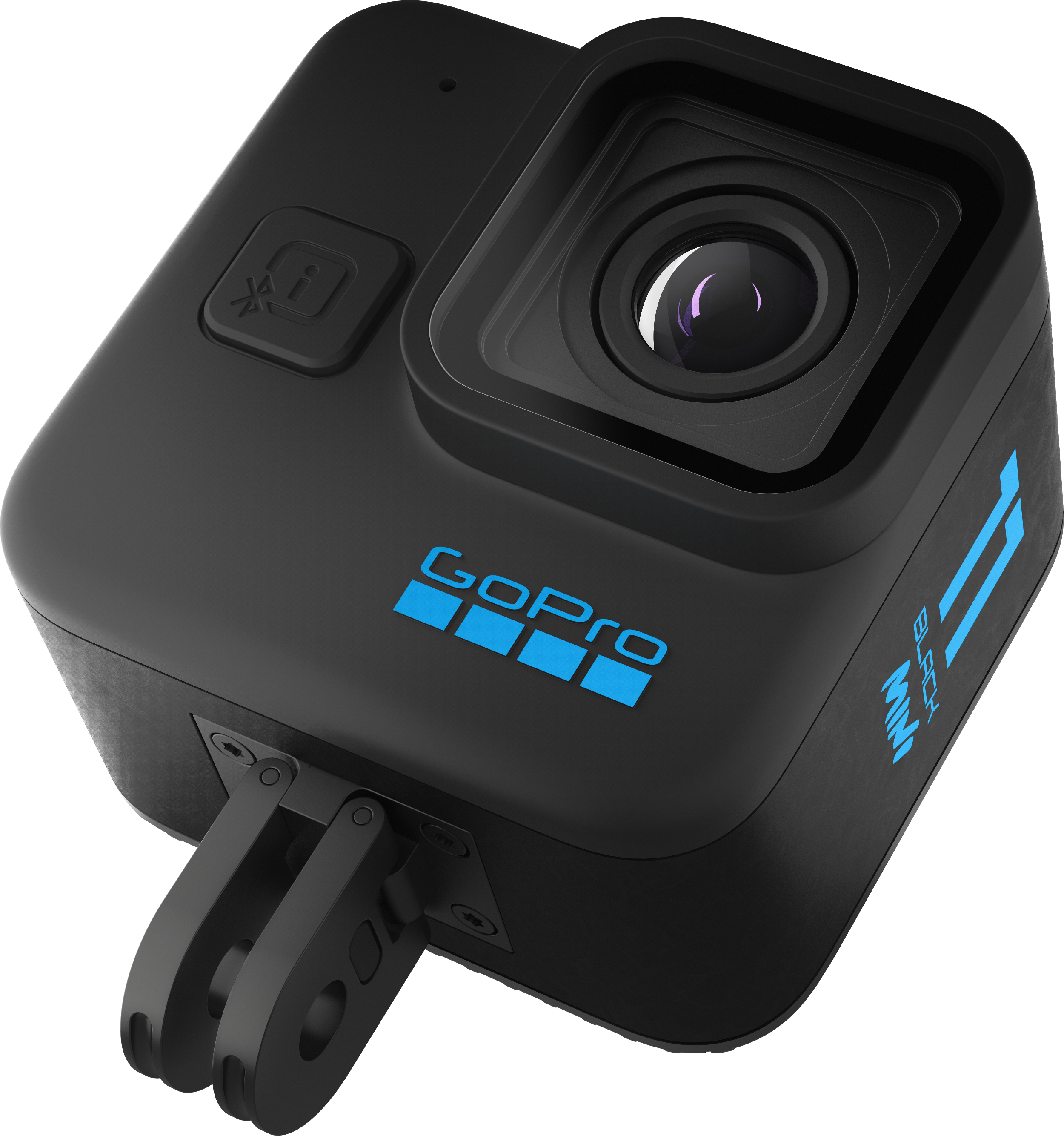 Schwarze GoPro-Kamera mit blauem GoPro-Text. Mit Objektiv und Knöpfen.