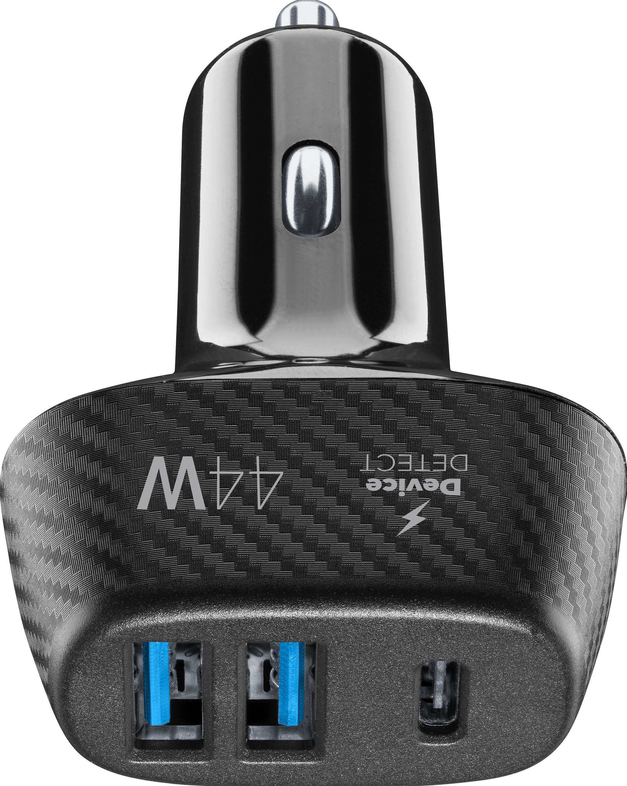 Ein schwarzes Autoladegerät mit zwei USB-Anschlüssen, einem USB-C-Anschluss und 44W.