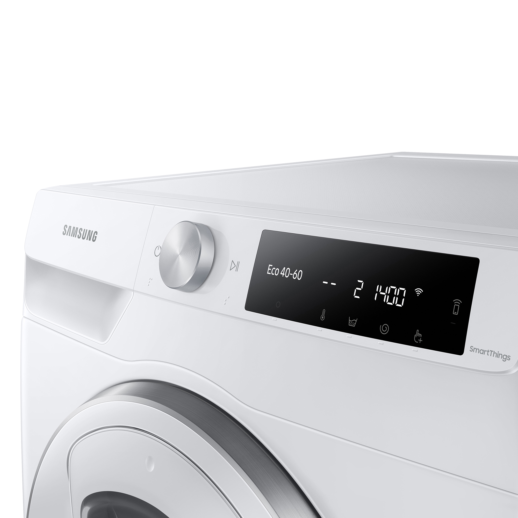 Primer plano del panel de control de una lavadora Samsung blanca. Muestra la configuración y la pantalla.