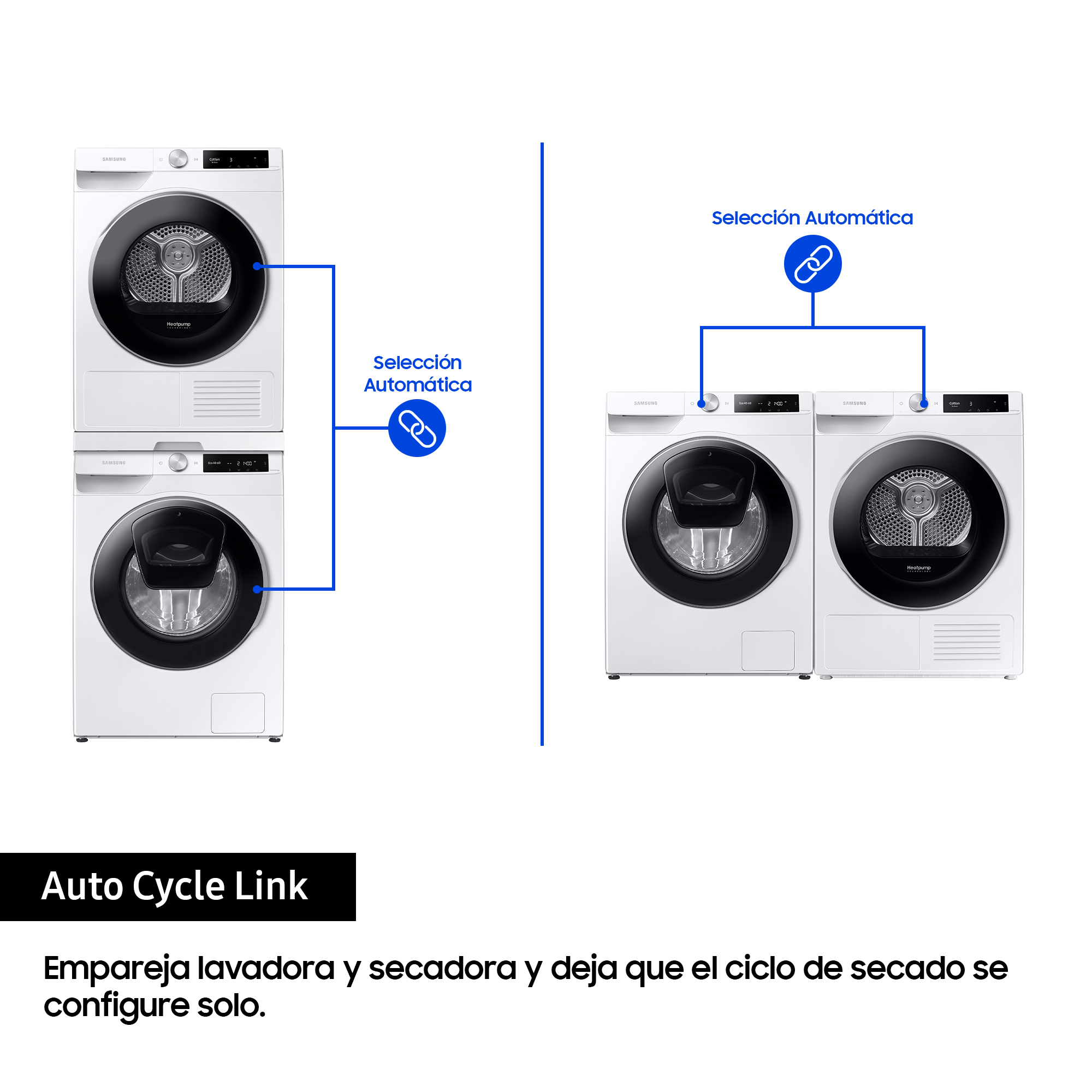 Dos lavadoras blancas lado a lado con un icono de enlace azul entre ellas. El texto dice 'Auto Cycle Link'.