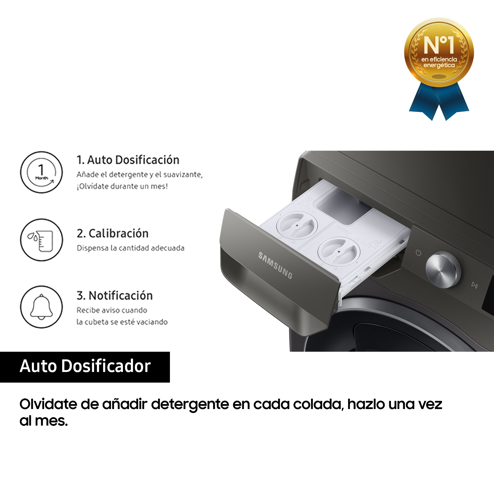 Panel de control de lavadora con texto en español. Función de dosificación automática.