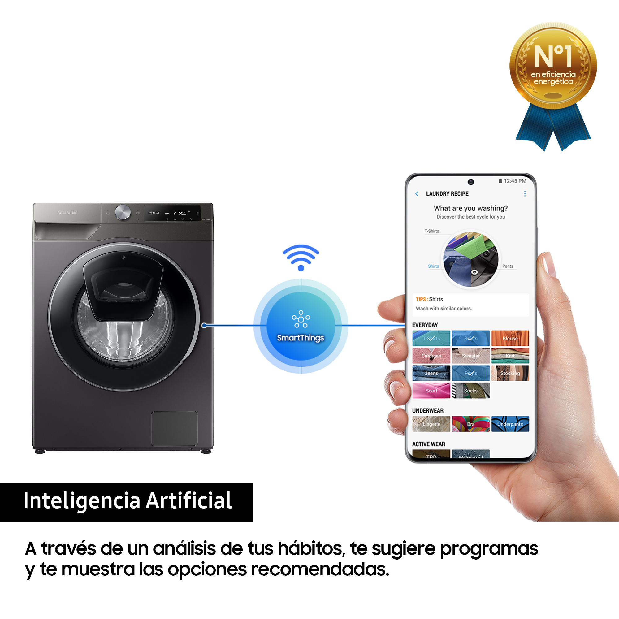 Una lavadora inteligente con un teléfono conectado que muestra opciones de lavado.