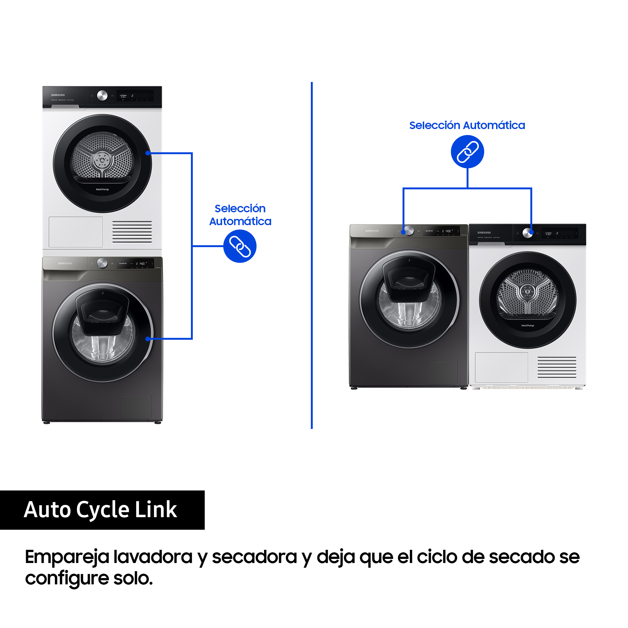 Diagrama de lavadora y secadora emparejadas, con texto 'Auto Cycle Link'.