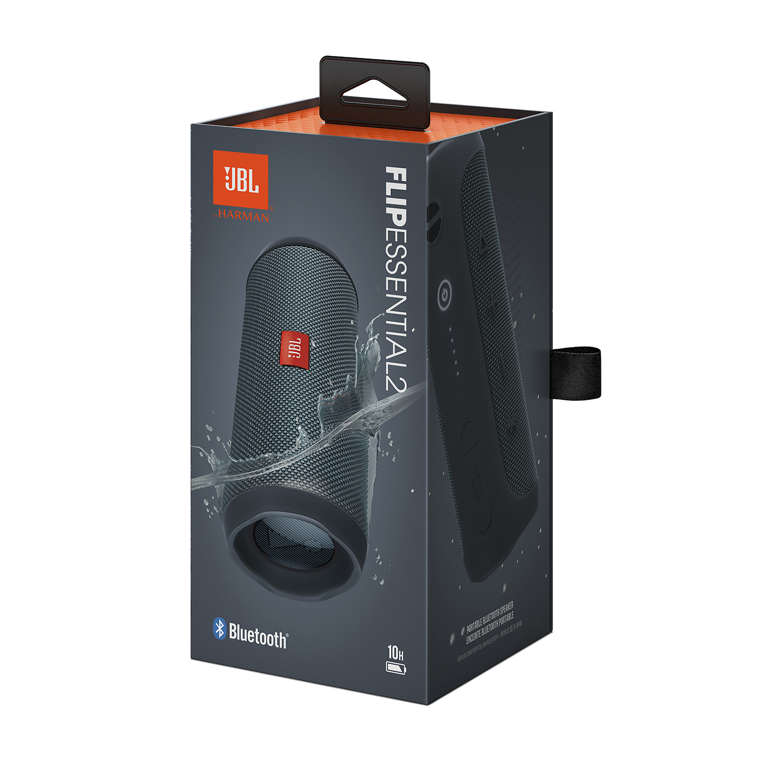 Una scatola per altoparlanti JBL Flip Essential 2. La scatola è grigia e l'altoparlante è blu. Sulla scatola c'è scritto 'Bluetooth'.