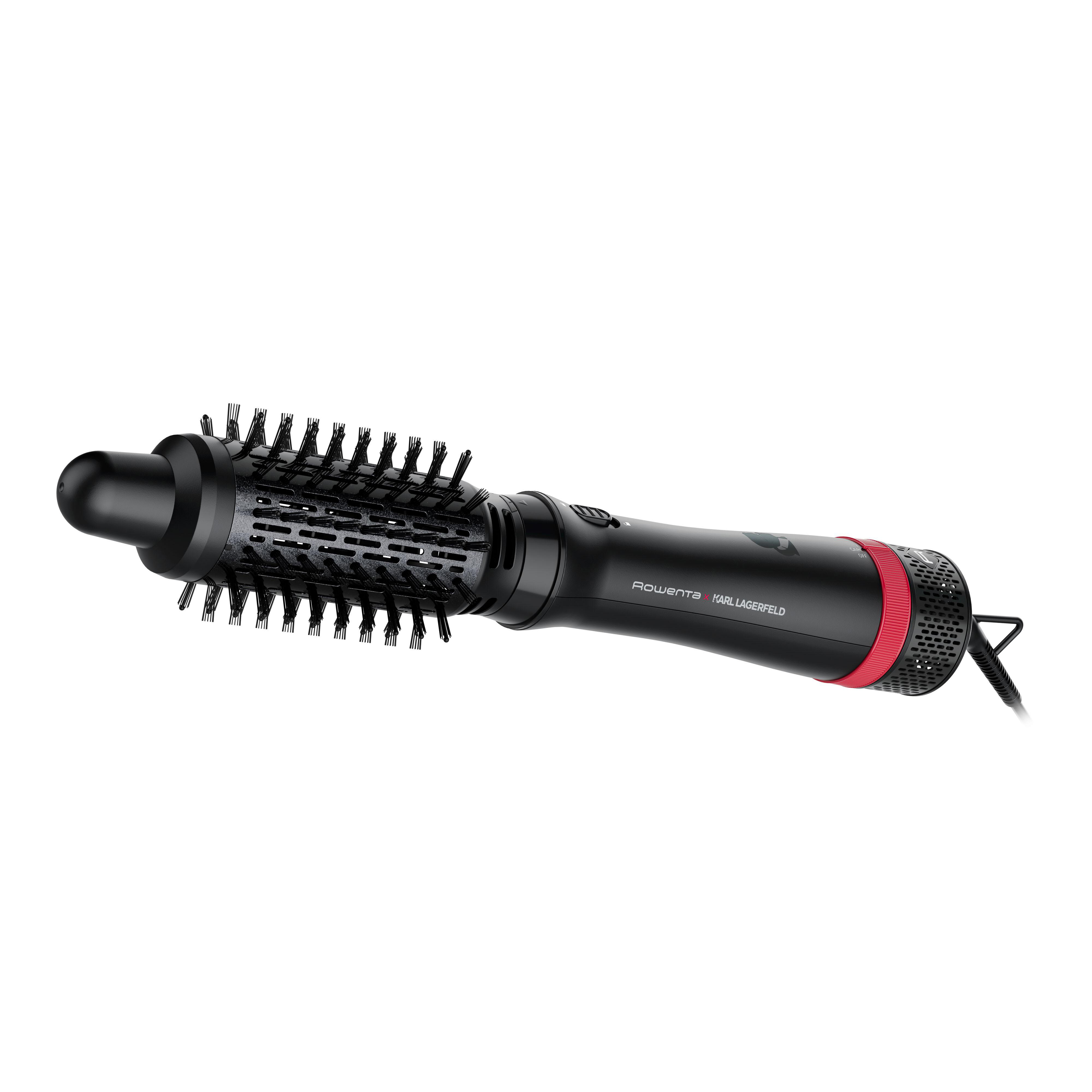 Eine schwarze und rote Haarbürste mit den Marken 'Rowenta' und 'Karl Lagerfeld'.