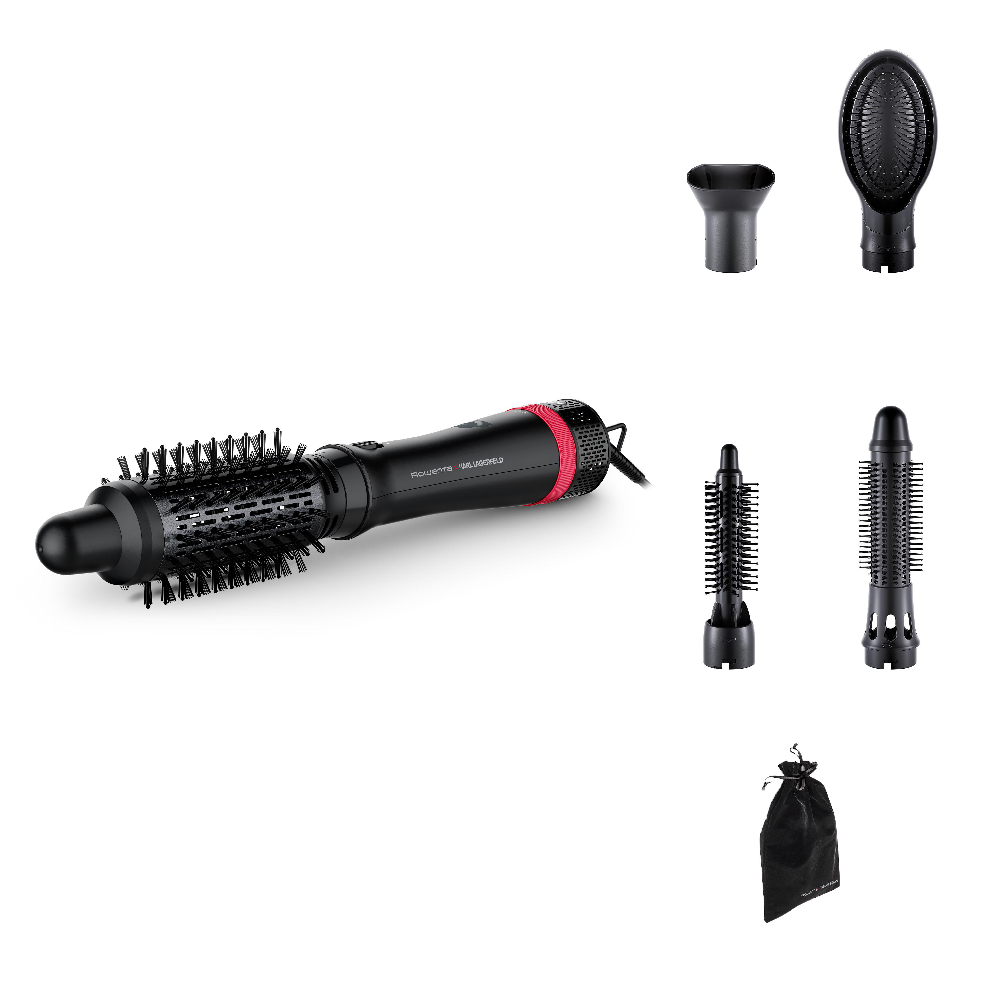 Haarstyling-Werkzeugset. Enthält eine schwarz-rote Haartrockenbürste, mehrere Aufsätze und eine schwarze Tragetasche.
