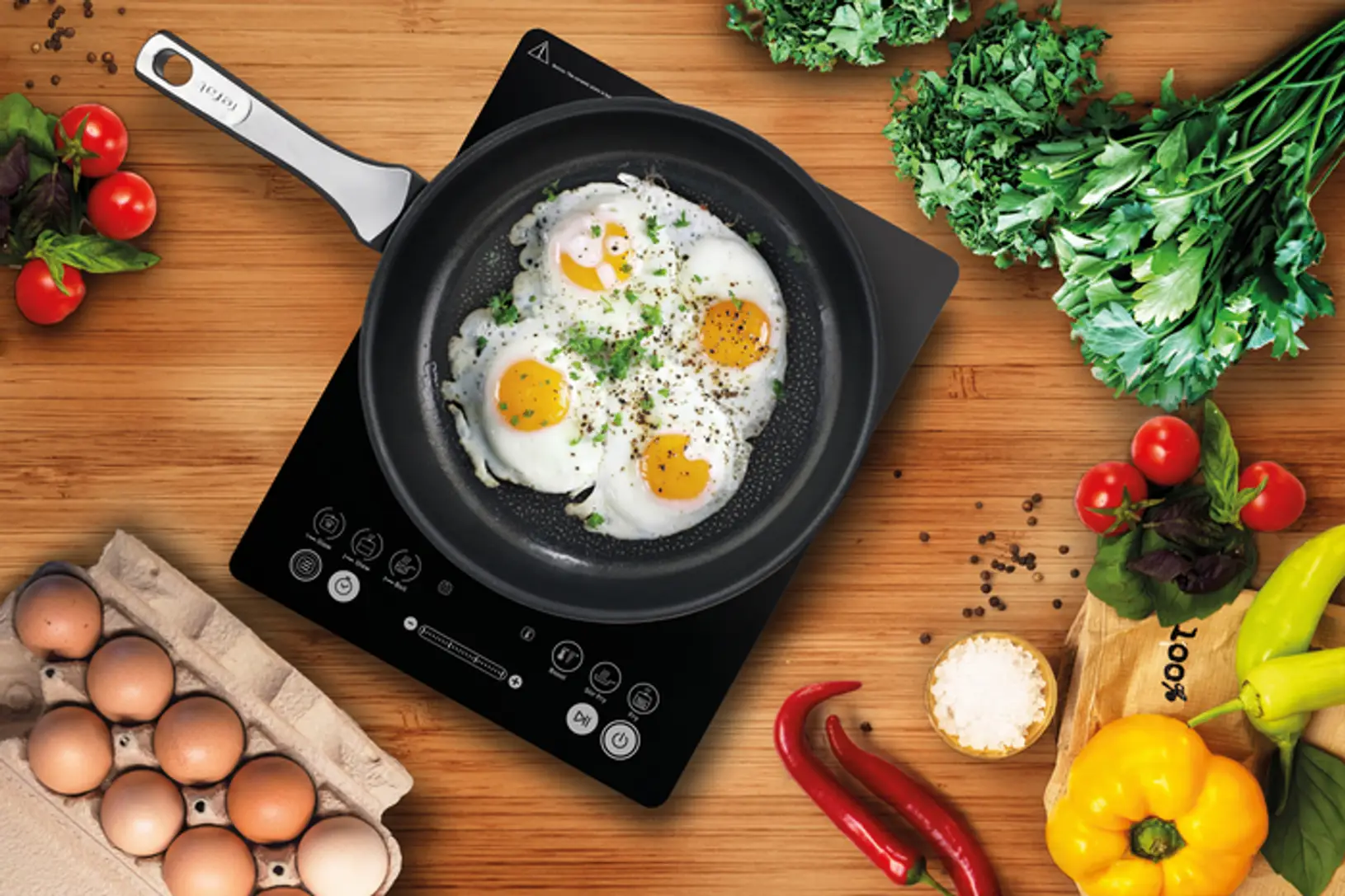 Œufs au plat dans une poêle sur une plaque à induction noire, entourés d'aliments.