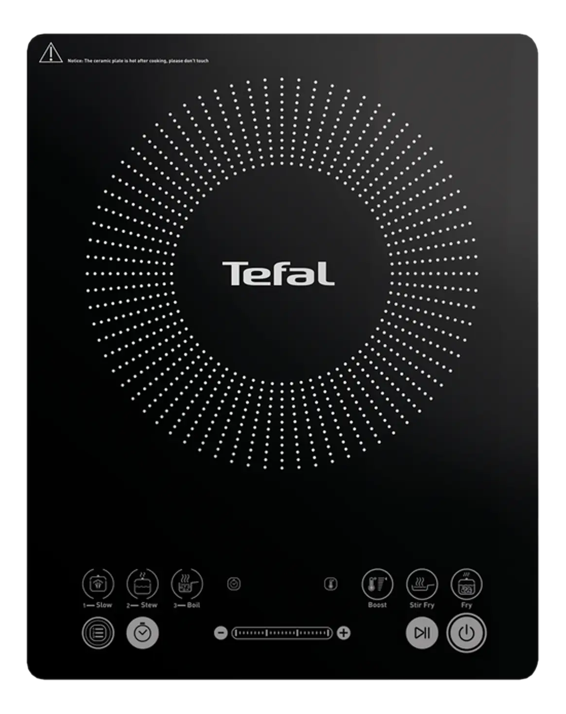 Plaque à induction noire avec motif circulaire et boutons de commande. Logo Tefal.