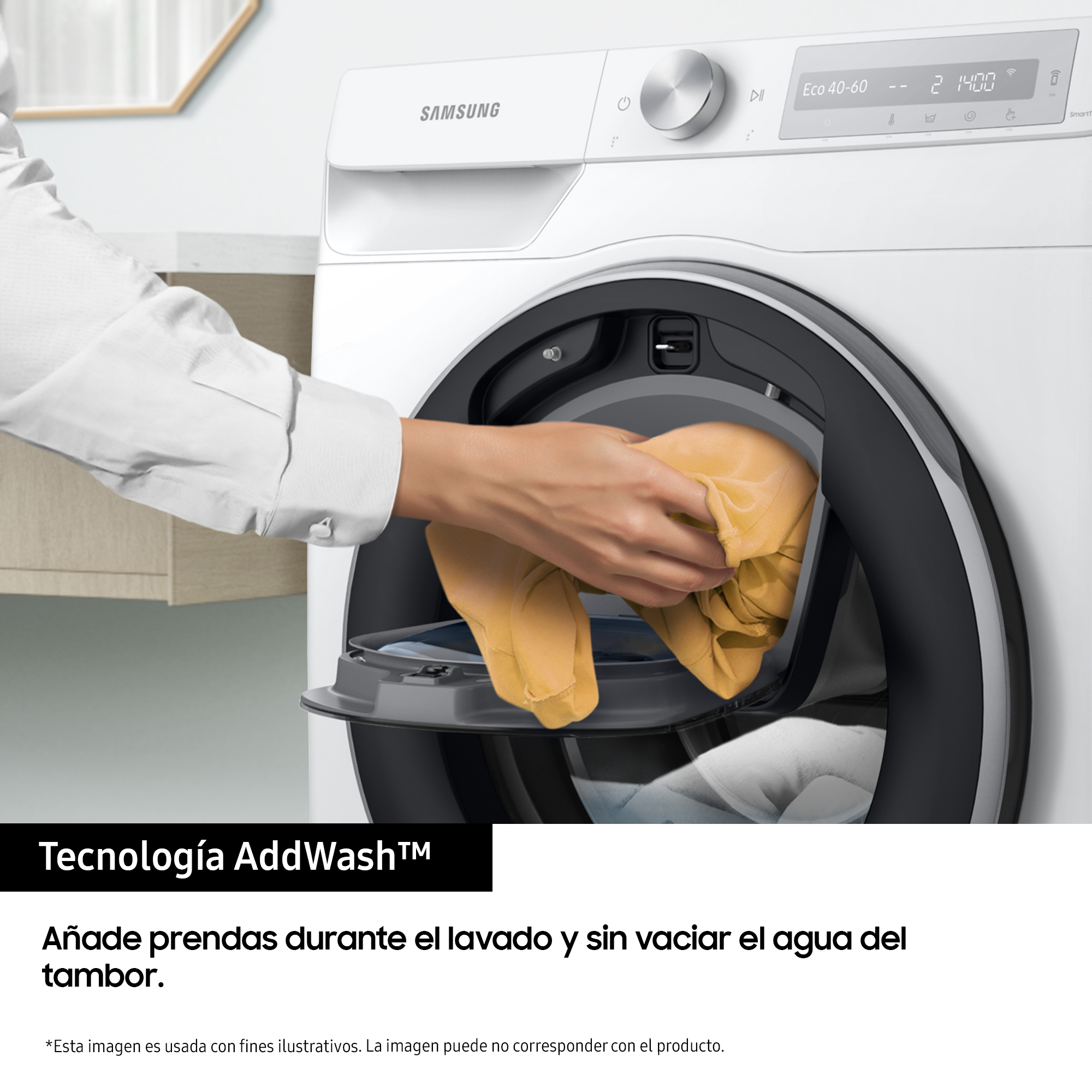 Una lavadora con una persona añadiendo ropa amarilla. El texto dice 'AddWash' y 'Añade prendas'.