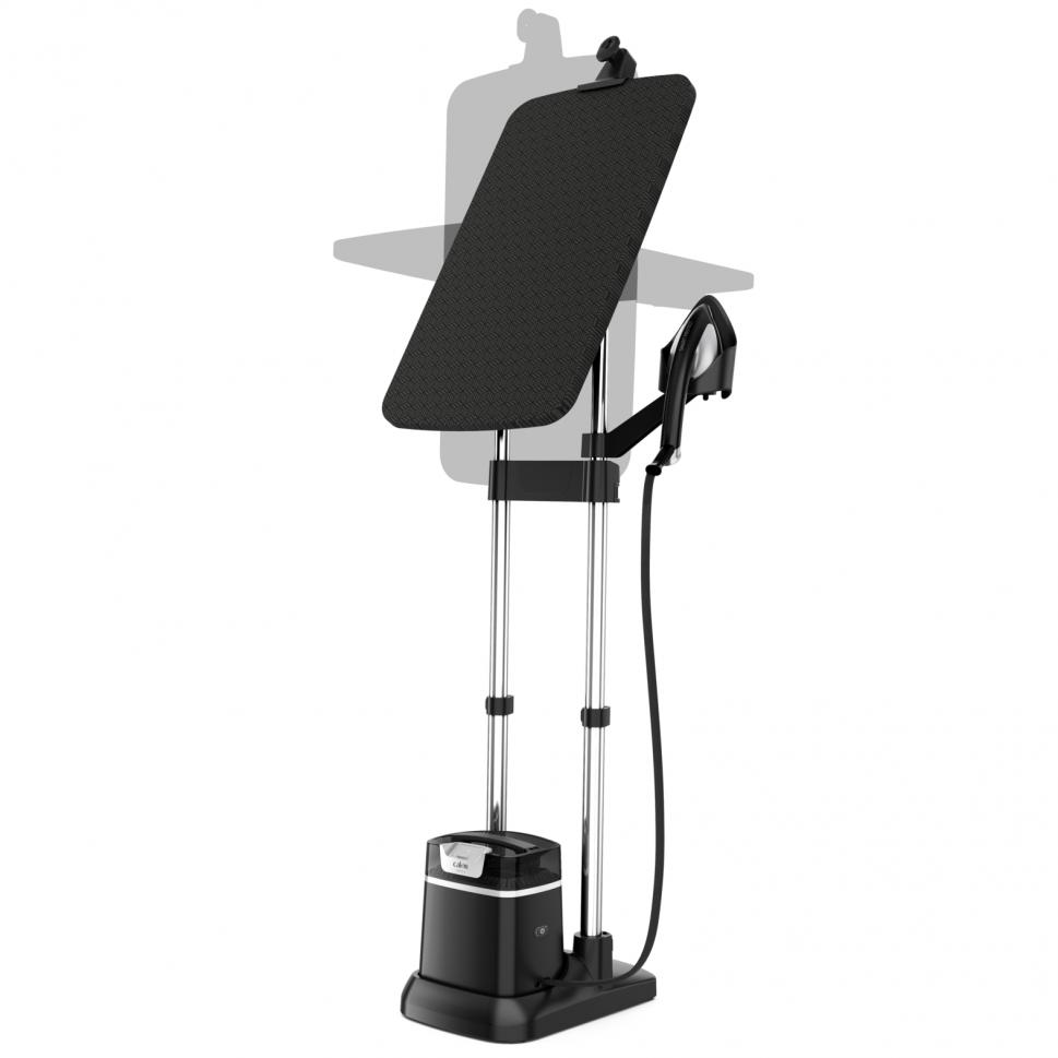 Black and silver clothes steamer with a folding board.