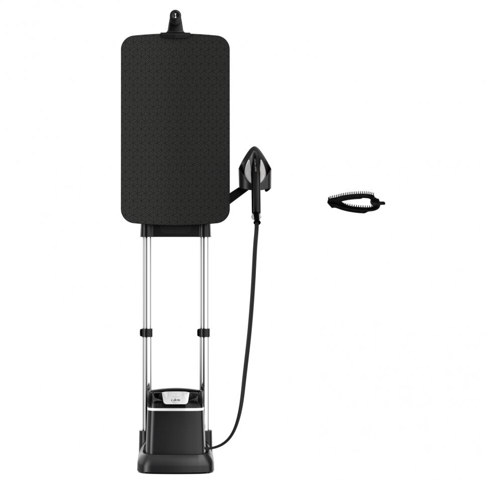 A black and silver clothes steamer. It has a board, a head and a small brush.