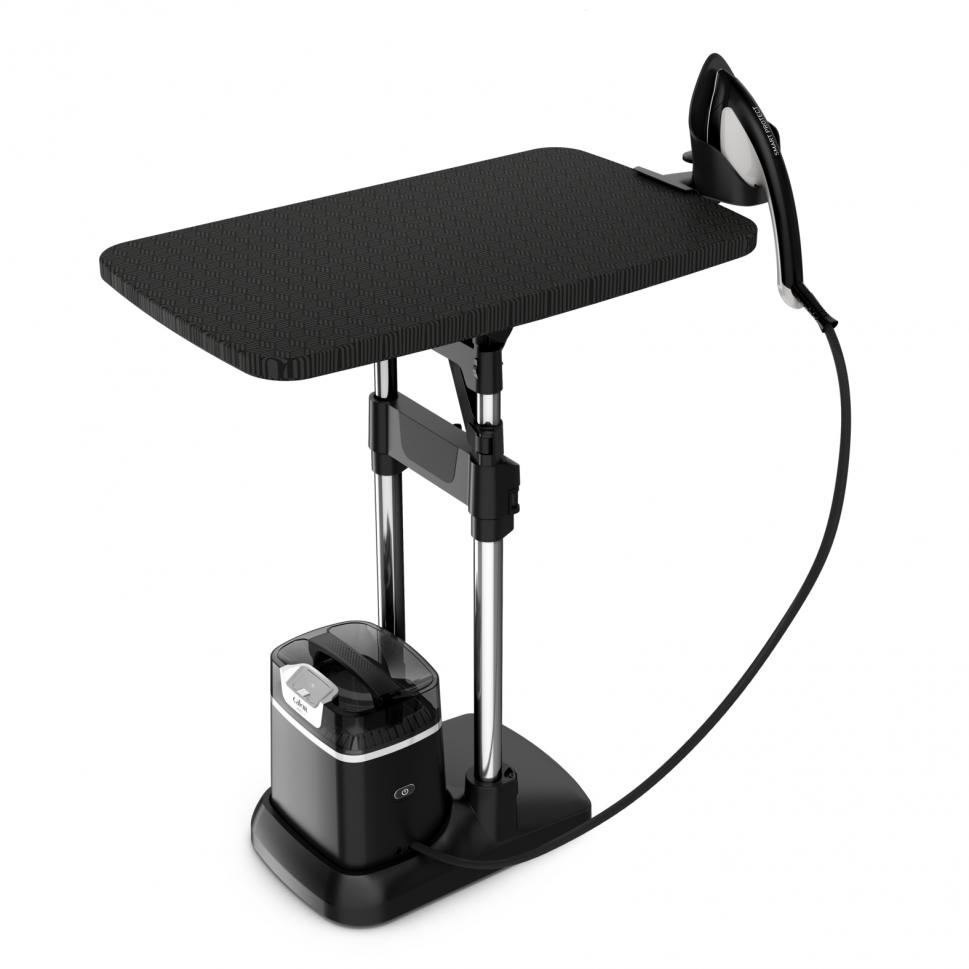 An iron station with a black ironing board, iron, and base unit on a white background.