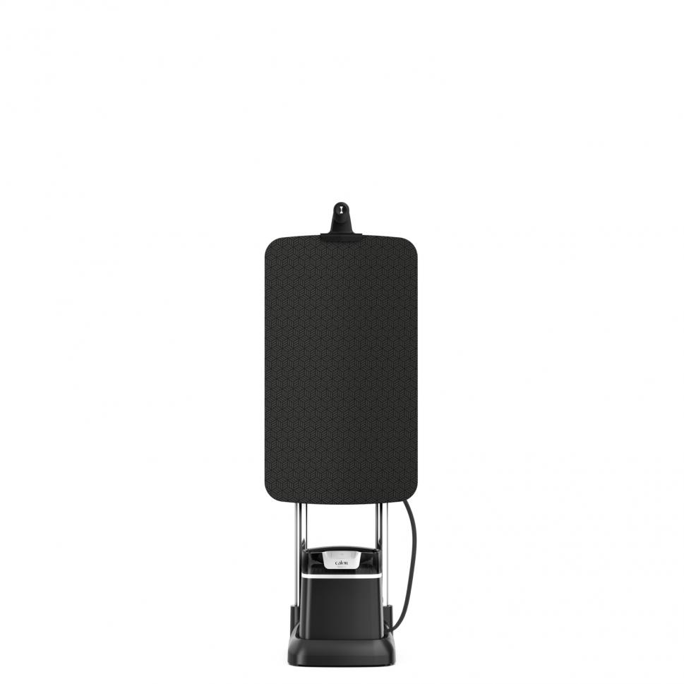 A black and white garment steamer on a white background, front view.