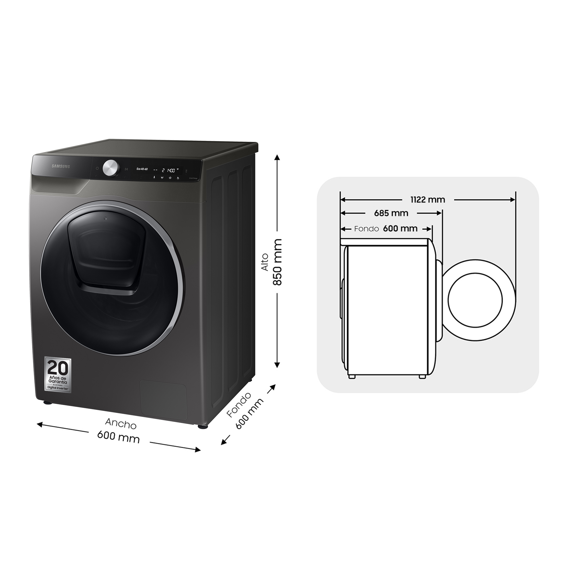 Una lavadora con dimensiones mostradas. Es gris con puerta negra y una pantalla.