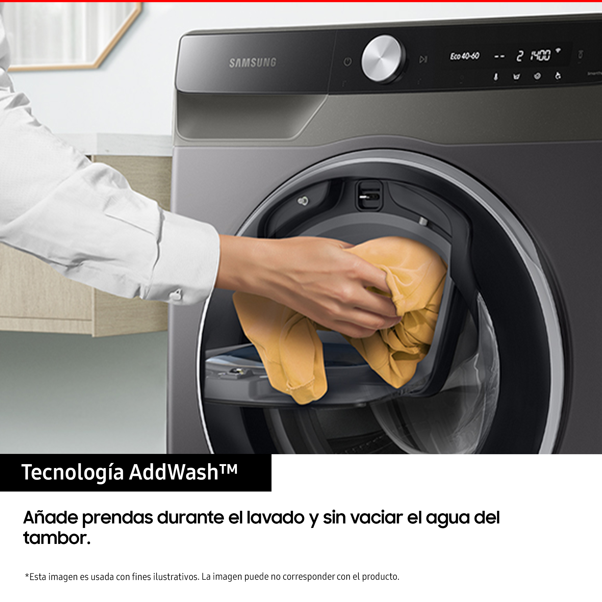 Una mujer introduce ropa en una lavadora Samsung. El texto dice: 'Add Wash'.