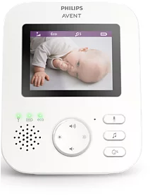 Babyfoon met een baby op het scherm.