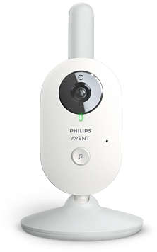 Witte babyfoon met een gebogen ontwerp. Beschikt over een cameralens.