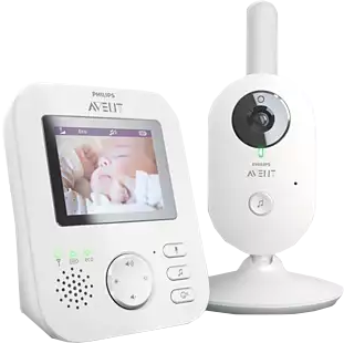 Witte babyfoon met een scherm met een baby en een camera.