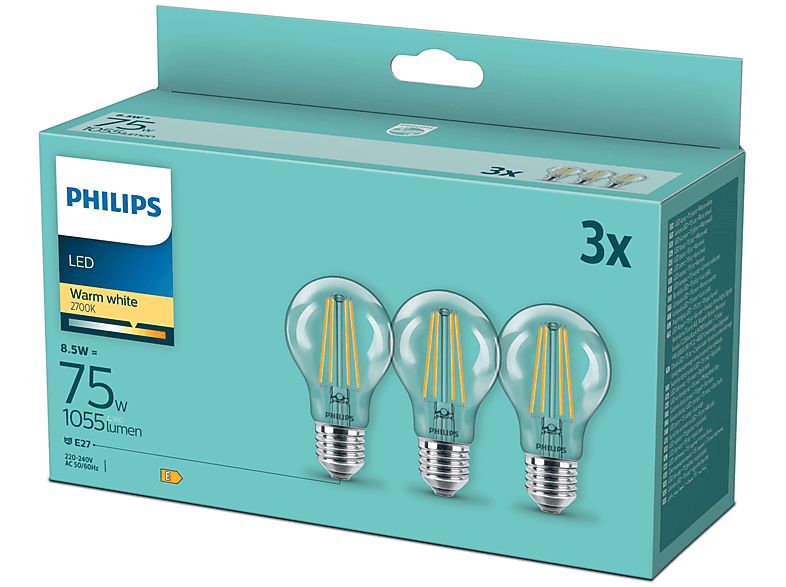 Lampadina Philips 3X Goccia Filam 75W 2700K