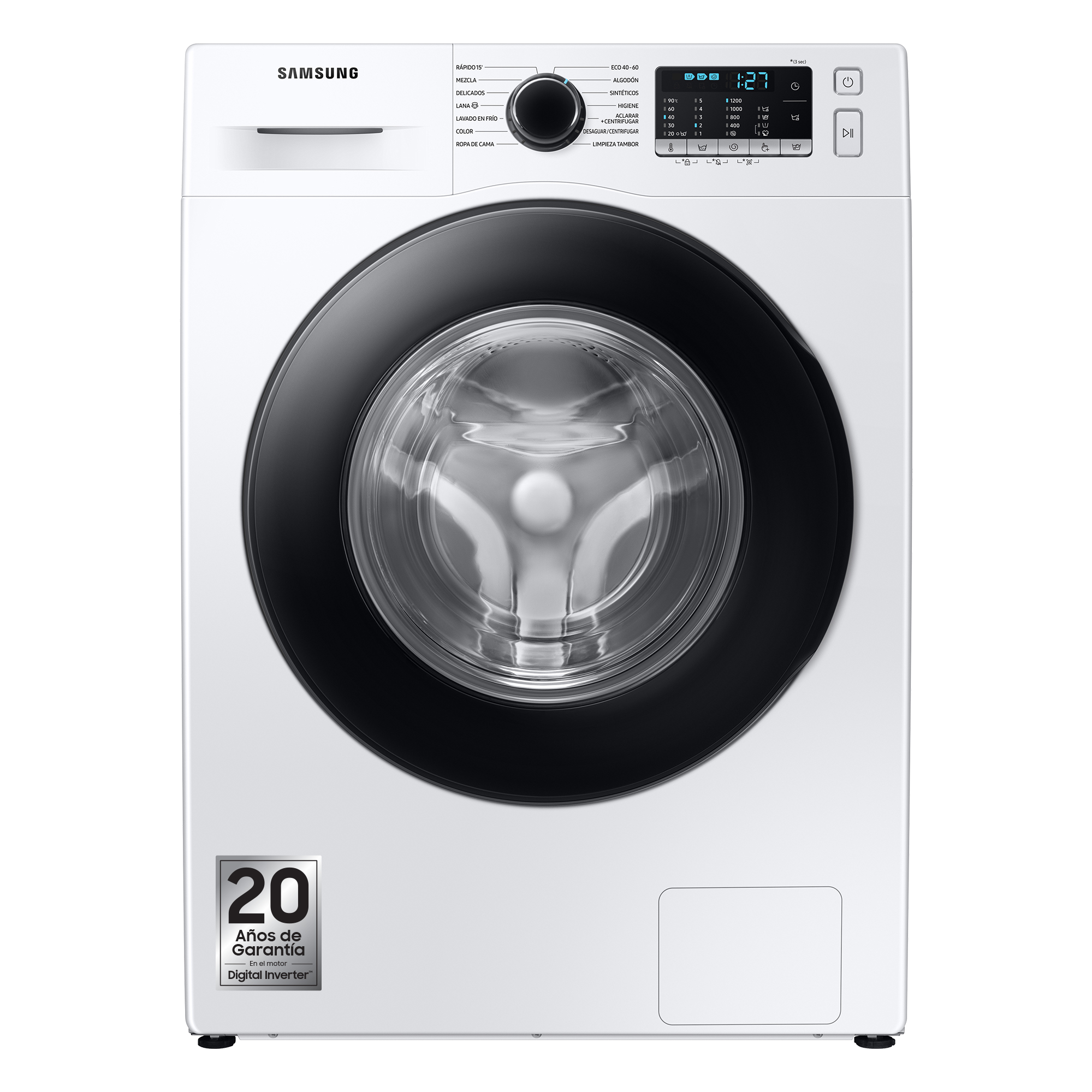 Lavadora Samsung blanca con puerta y panel de control negros. Etiqueta de garantía de 20 años.