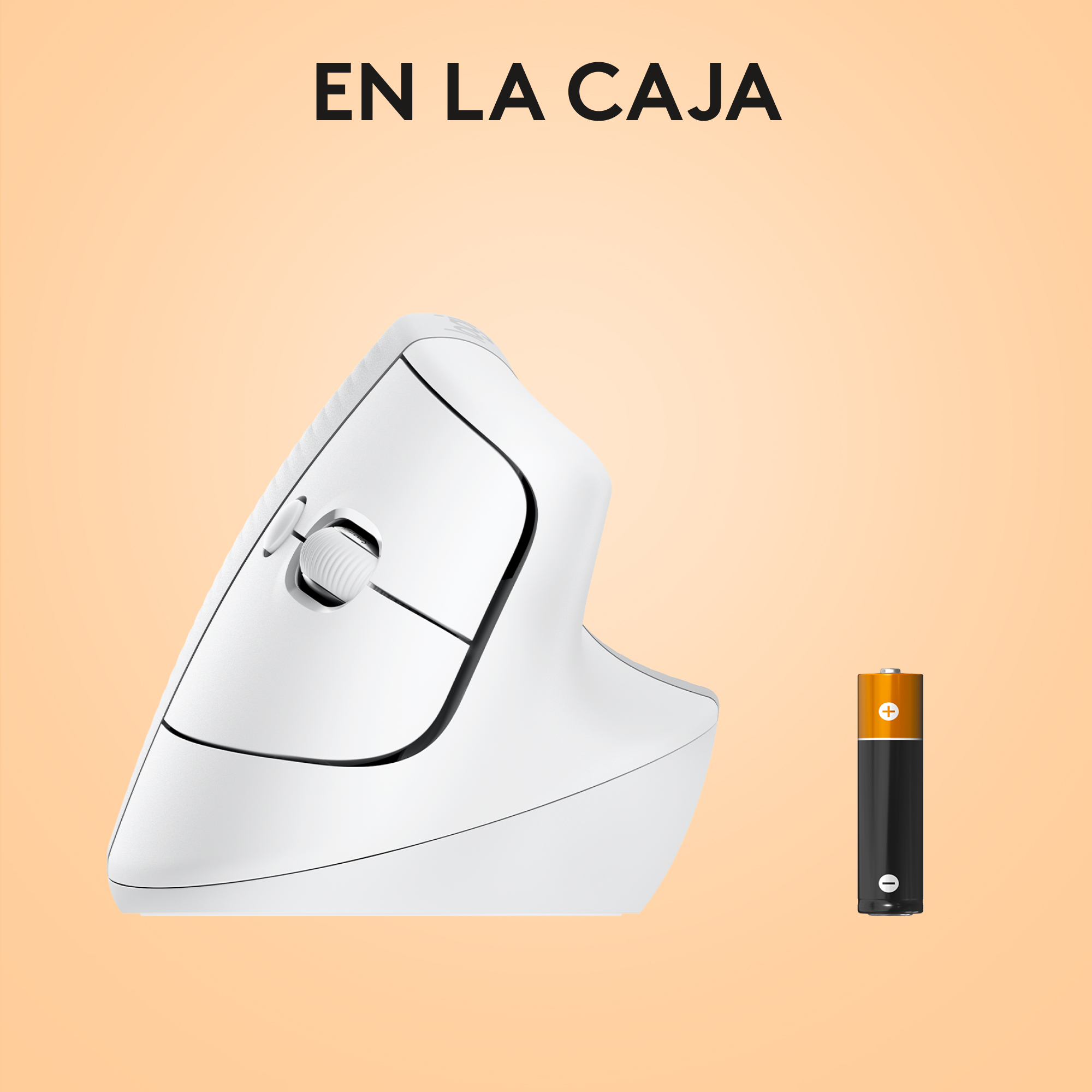 Un ratón vertical blanco y una pila negra sobre un fondo naranja.