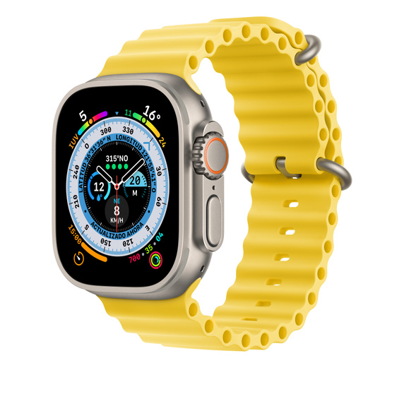 Un smartwatch con una correa amarilla, con una pantalla digital que muestra datos como la hora.