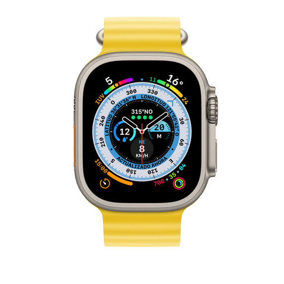 Reloj inteligente con correa amarilla. La pantalla muestra datos en azul y blanco.