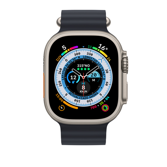 Apple Watch Ultra. Caja plateada, correa azul oscuro, con una visualización detallada de datos.