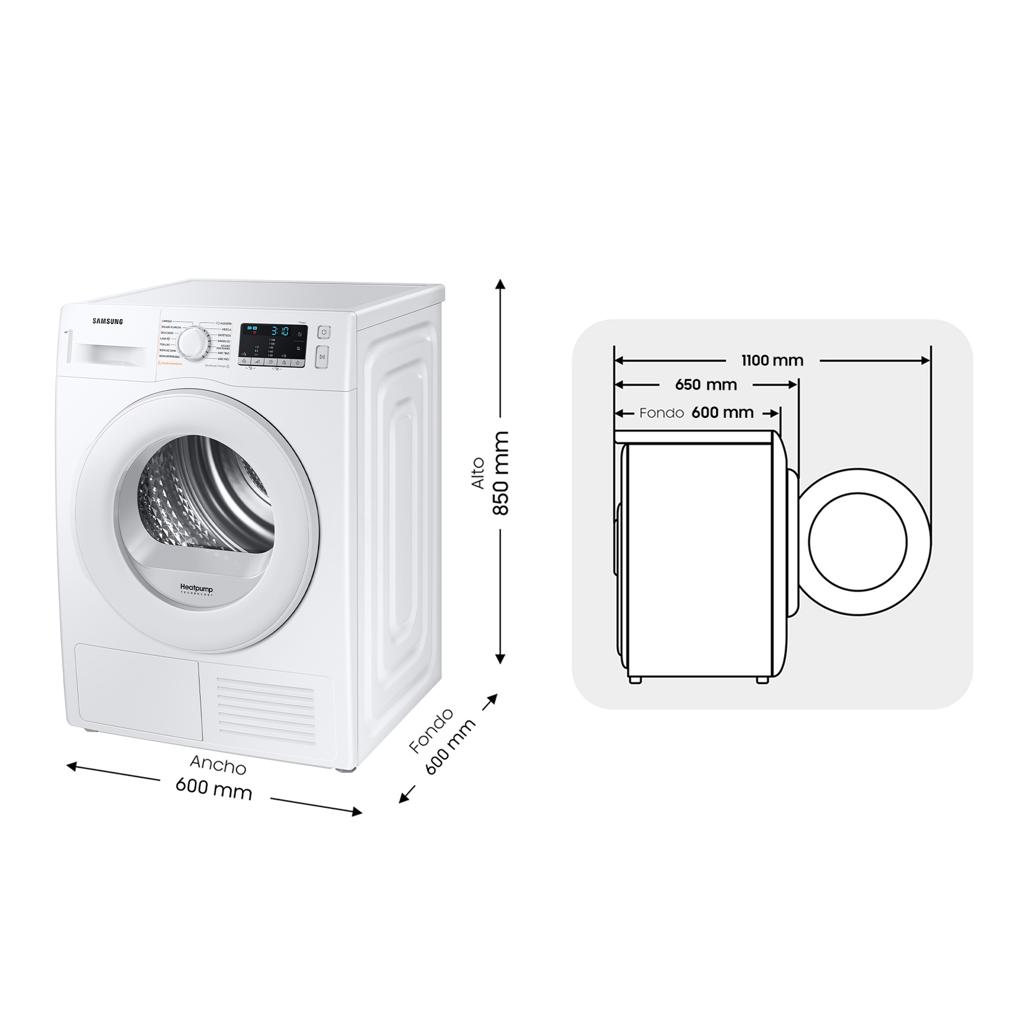 Una secadora Samsung blanca con dimensiones y un diagrama de vista superior con tamaños en mm.