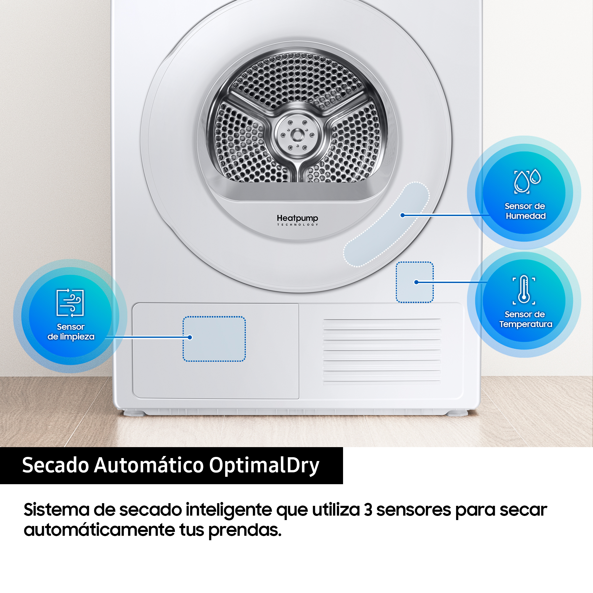 Secadora blanca con sensores. Texto: Sistema de secado automático con 3 sensores.
