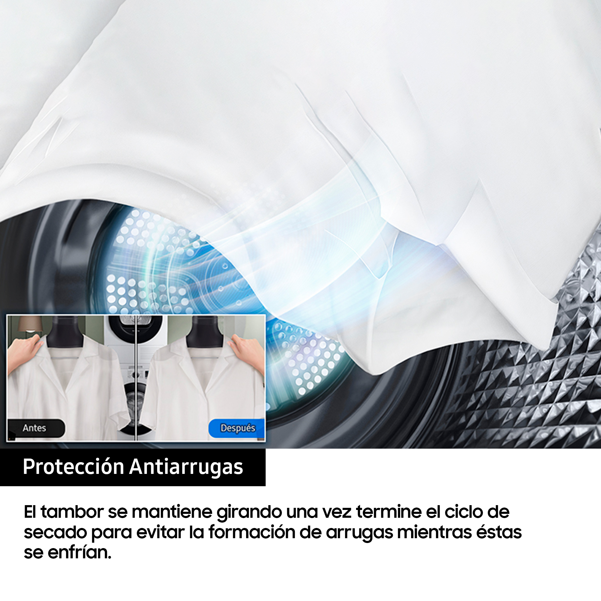 Ropa blanca dentro de una lavadora, con texto antiarrugas.
