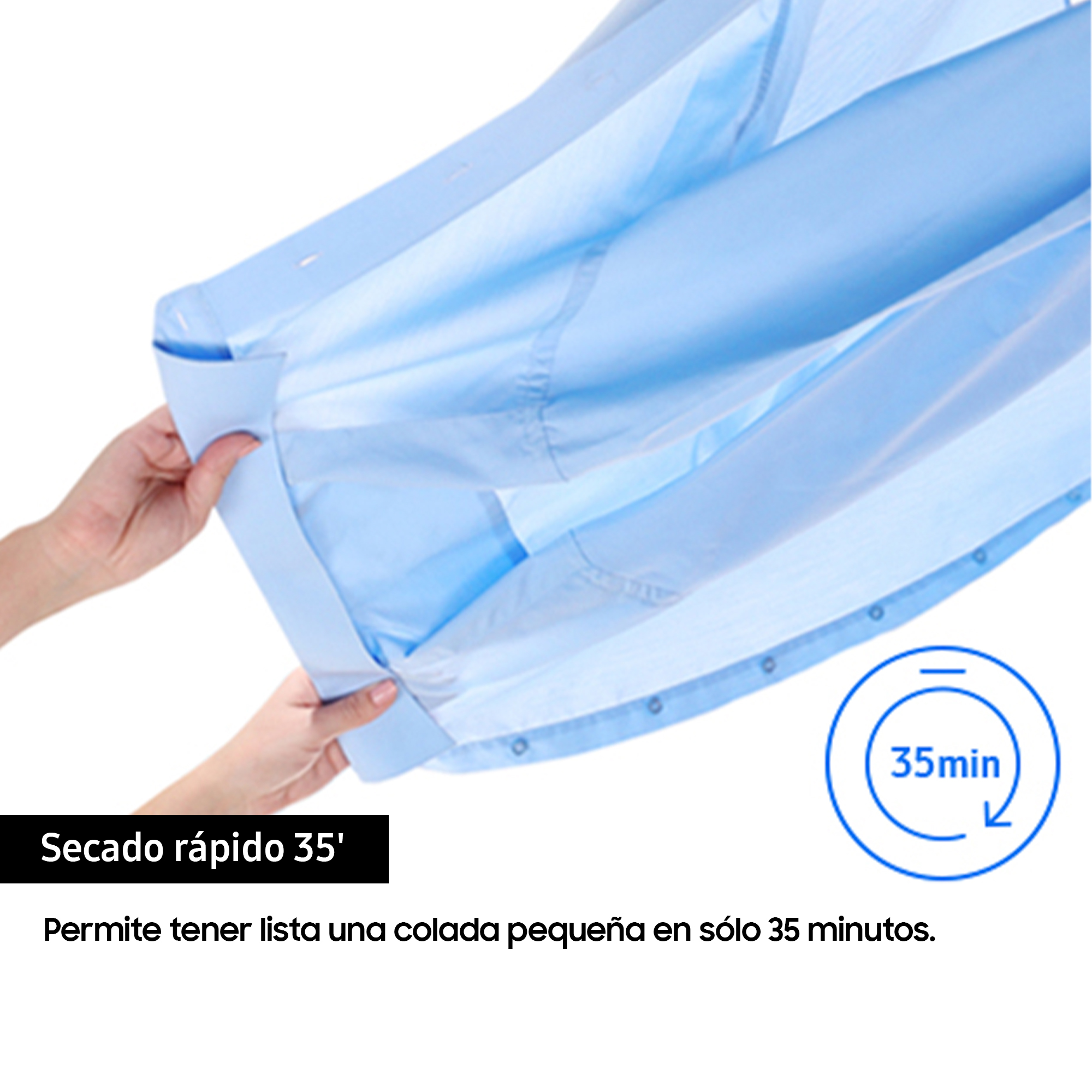 Manos sosteniendo una camisa azul claro. Un círculo con el texto '35min' está a la derecha.