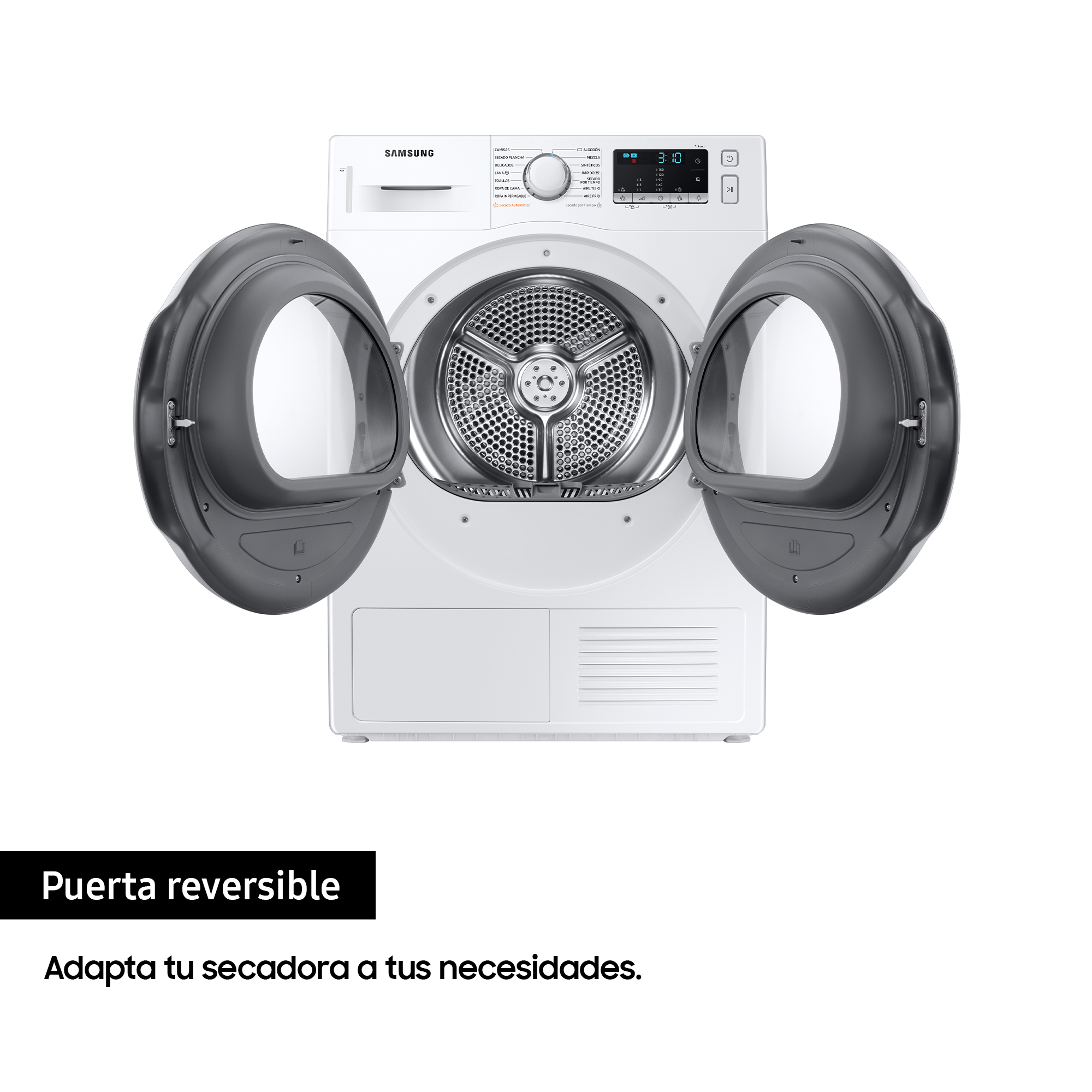 Una lavadora blanca con las puertas abiertas. El tambor interior y el panel de control son visibles.