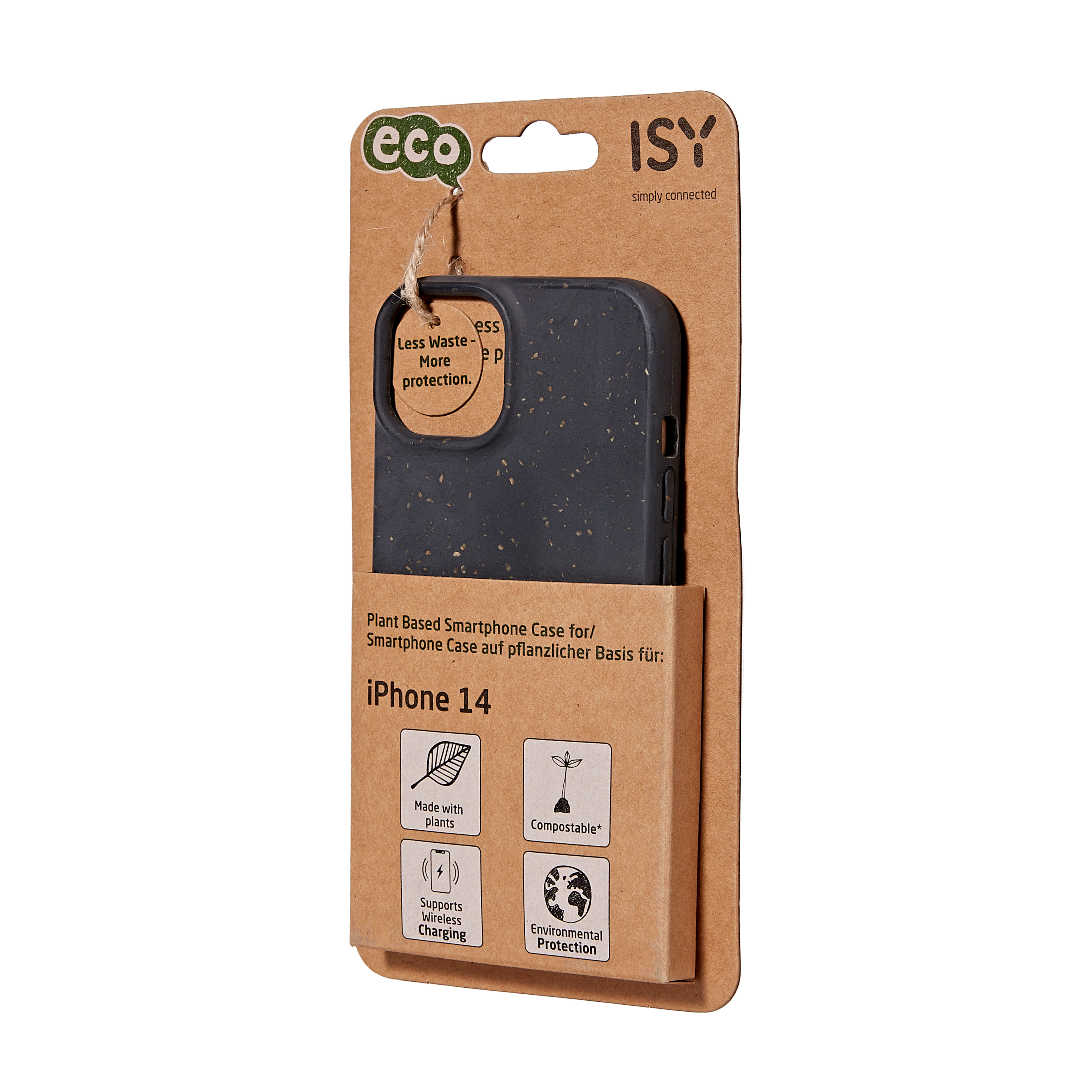 Verpackung für Smartphone-Hülle auf Pflanzenbasis mit Produkteigenschaften.