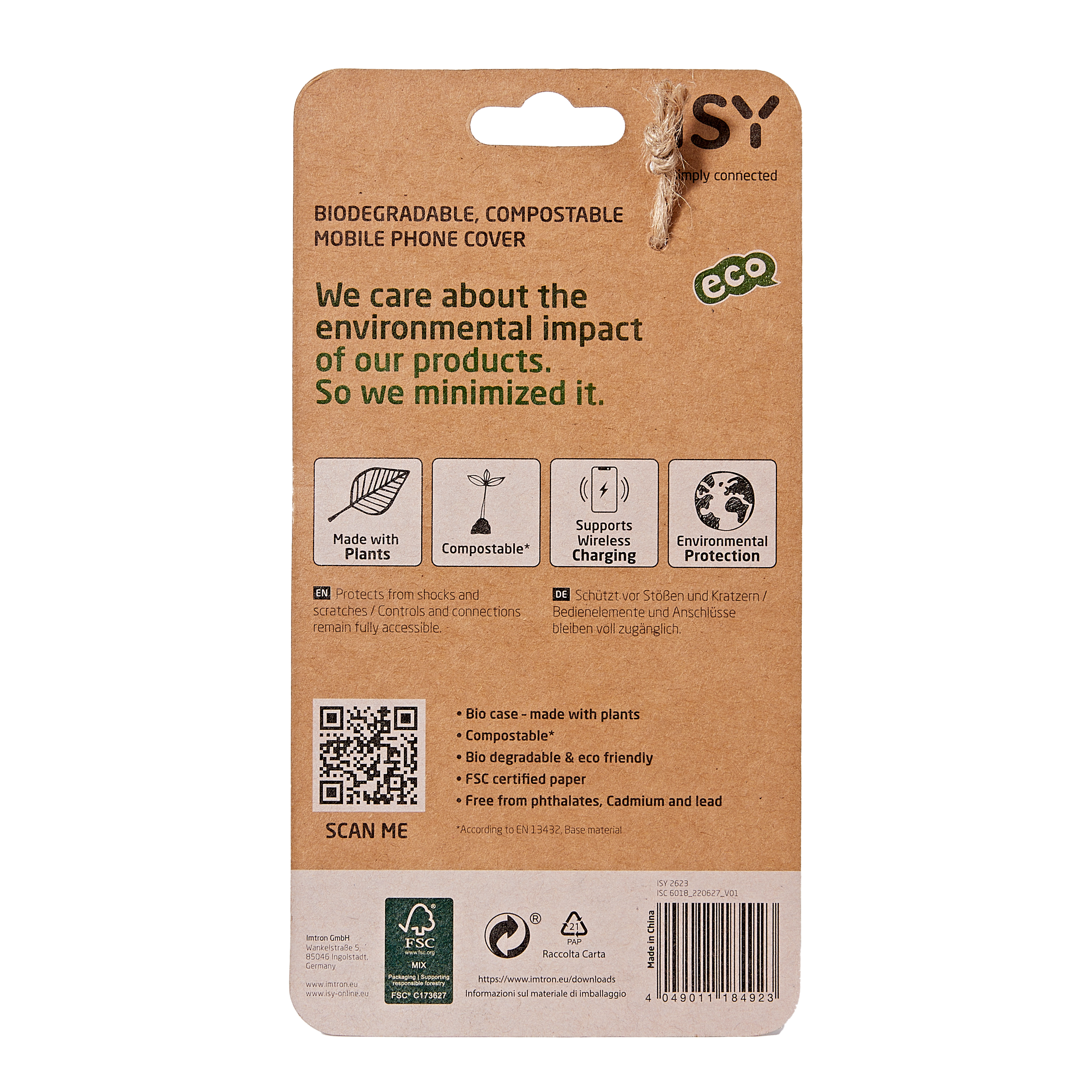 Eine braune und beige Handyhüllenverpackung mit Text und Symbolen.