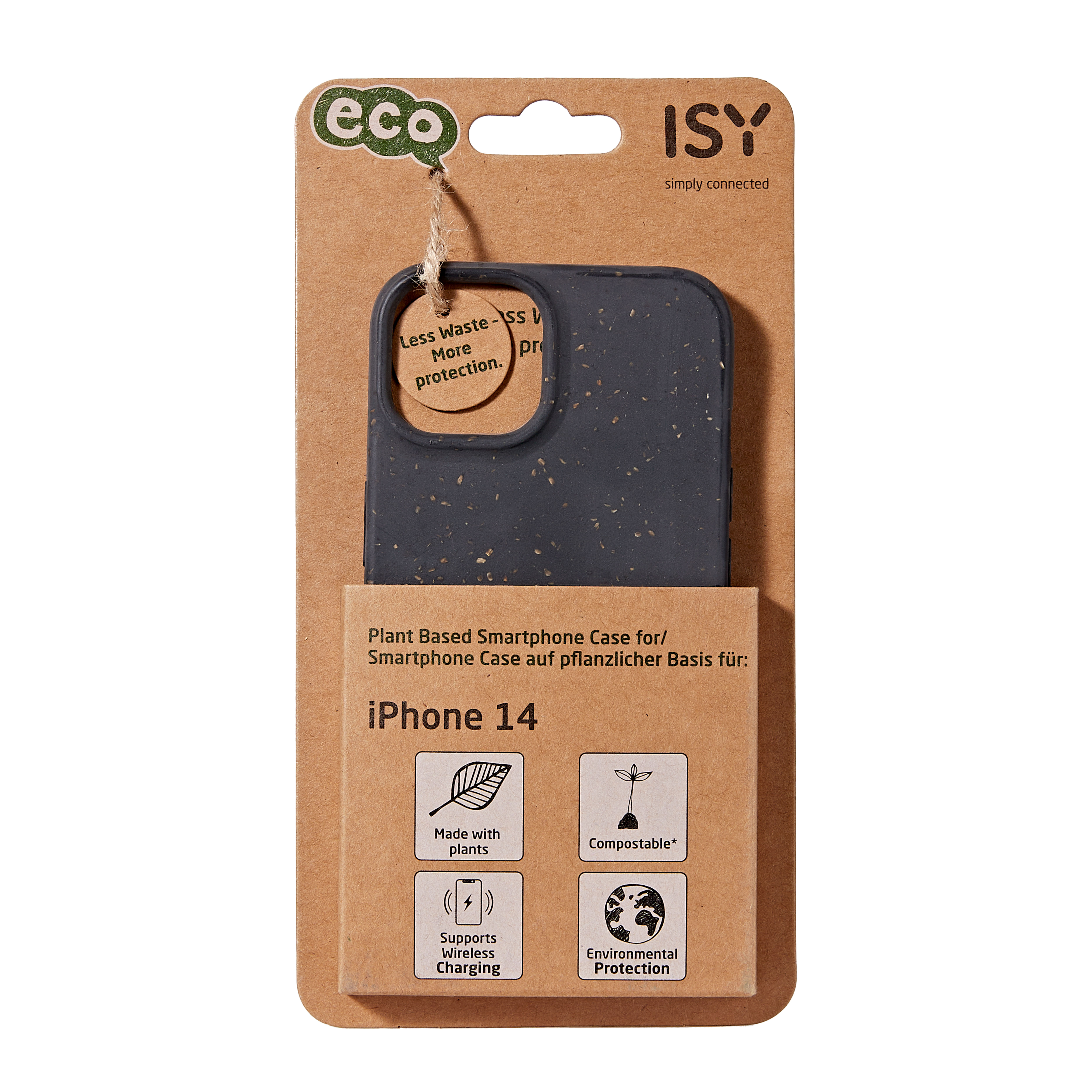 Smartphone-Hüllenverpackung. Schwarze Smartphone-Hülle mit strukturierter Oberfläche. Brauner Kartonhintergrund.